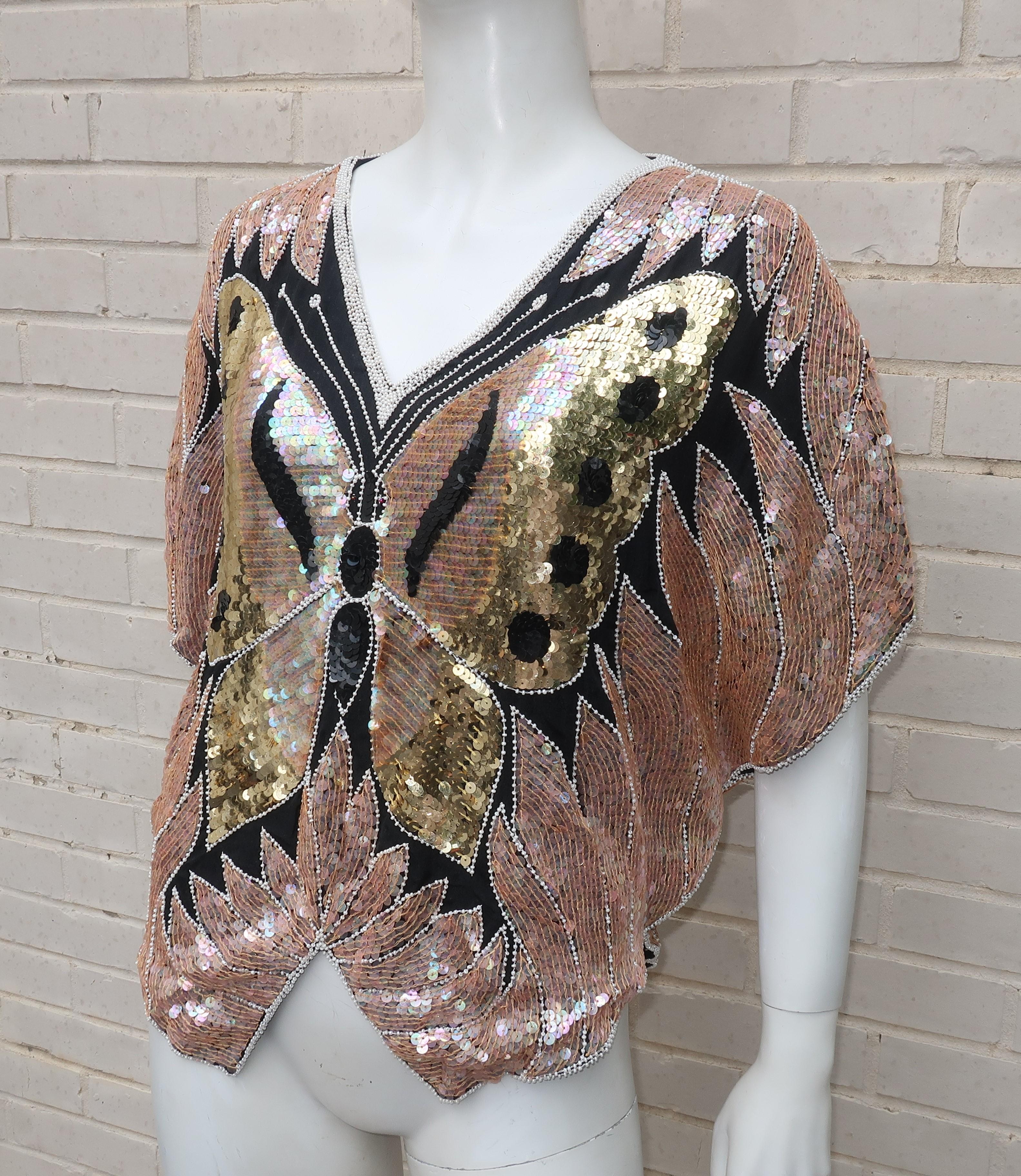 Women's 1970's Sequin Disco Black Silk Butterfly Top