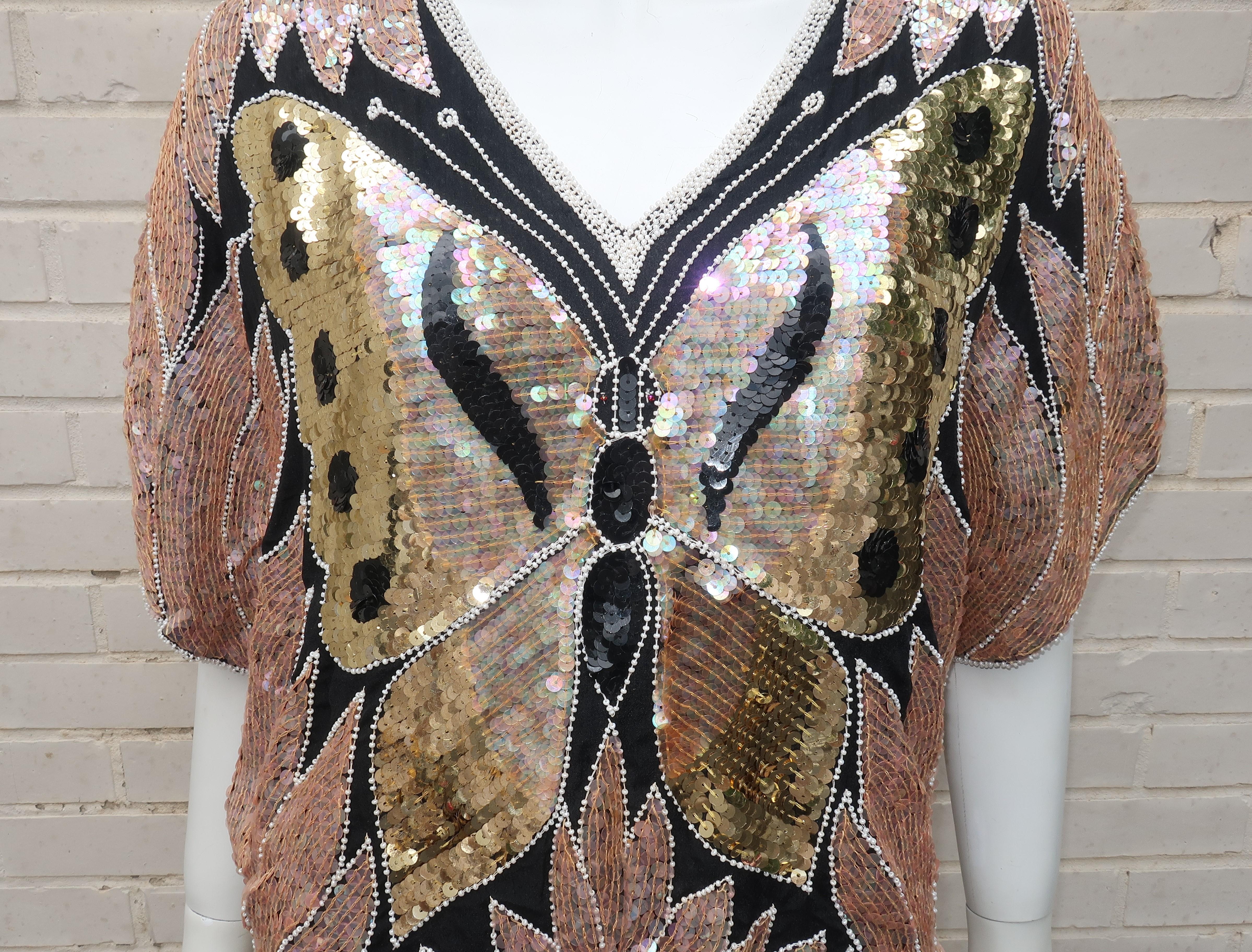 1970's Sequin Disco Black Silk Butterfly Top In Good Condition In Atlanta, GA