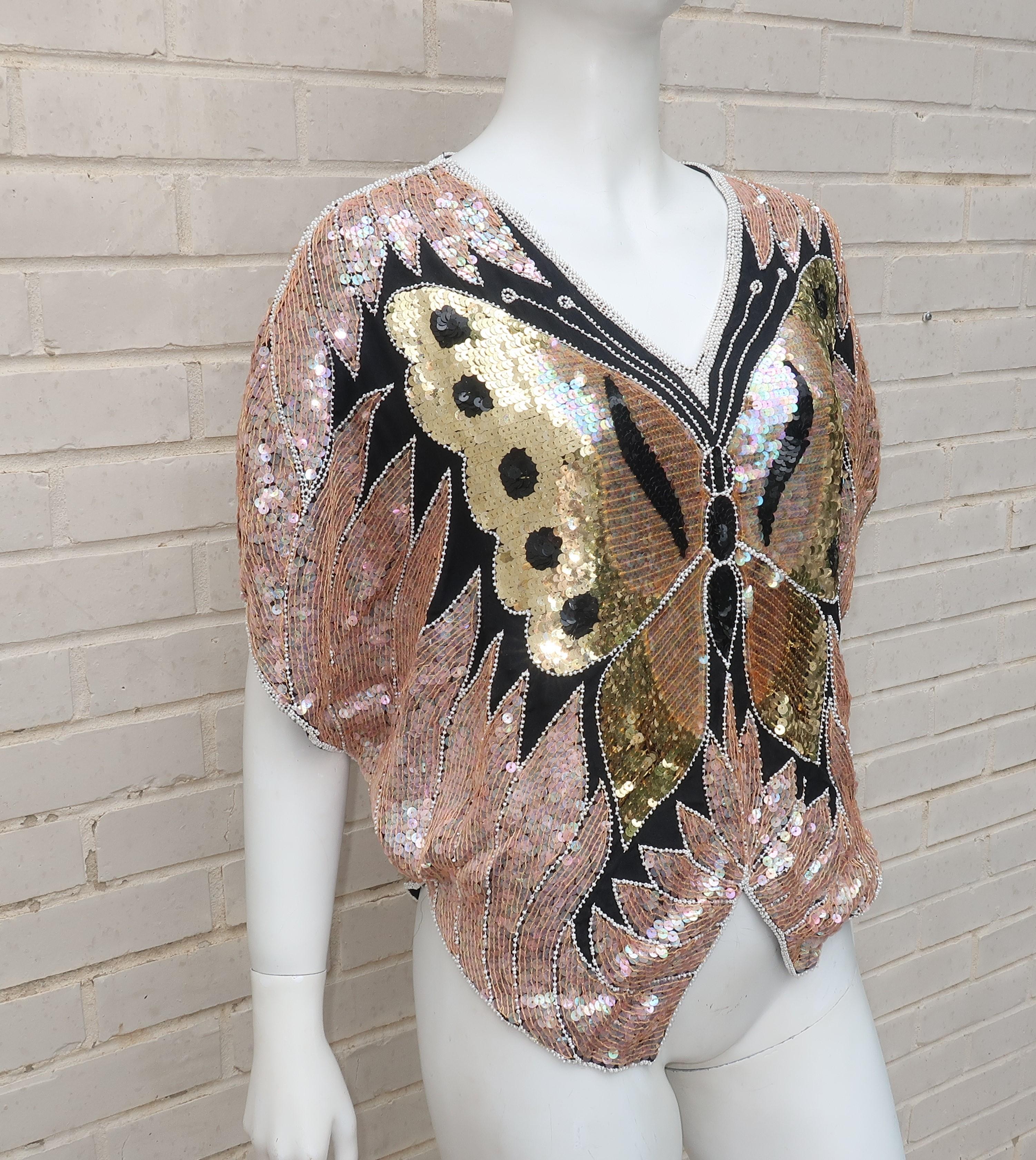 1970's Sequin Disco Black Silk Butterfly Top 1