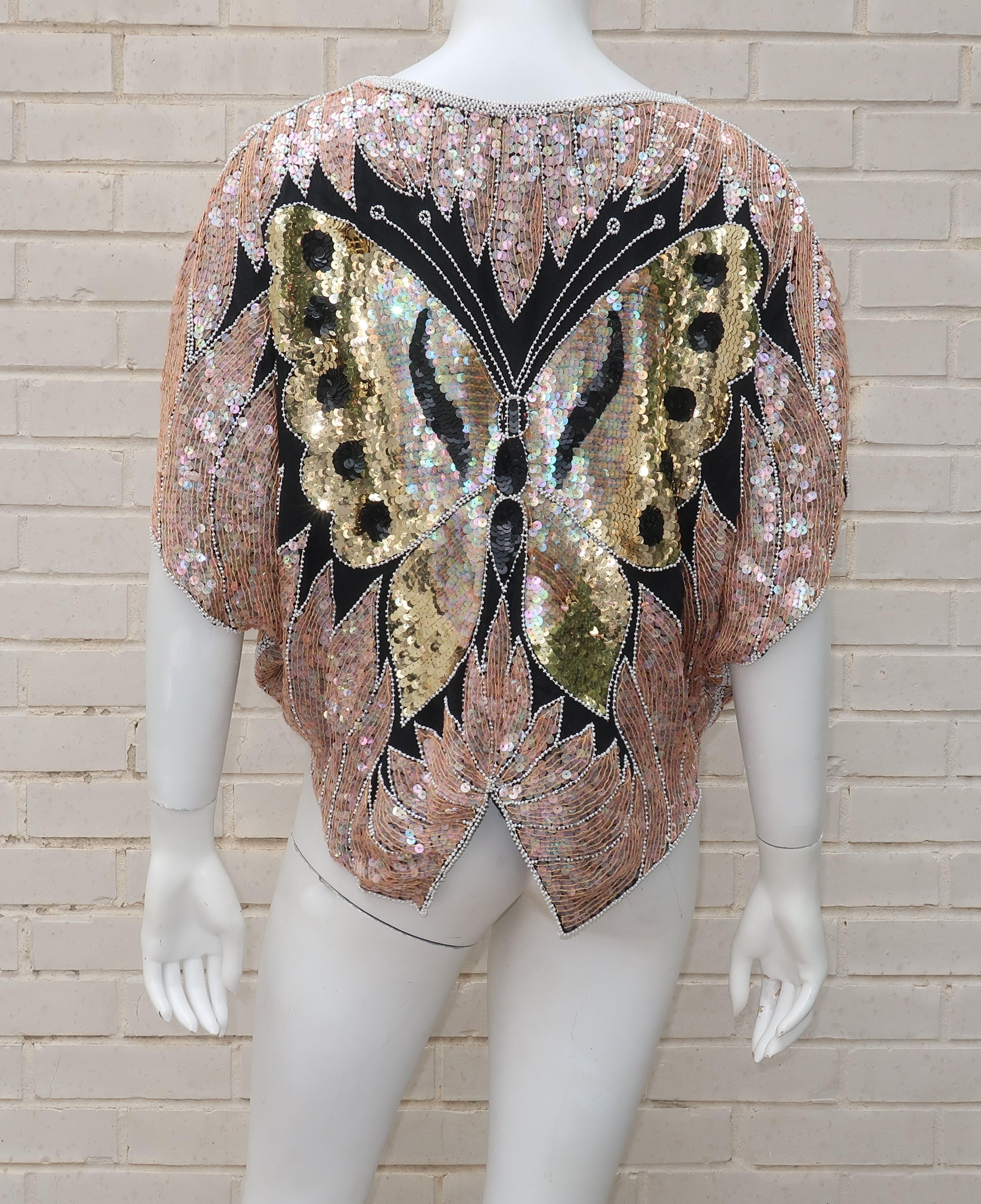 1970's Sequin Disco Black Silk Butterfly Top 4