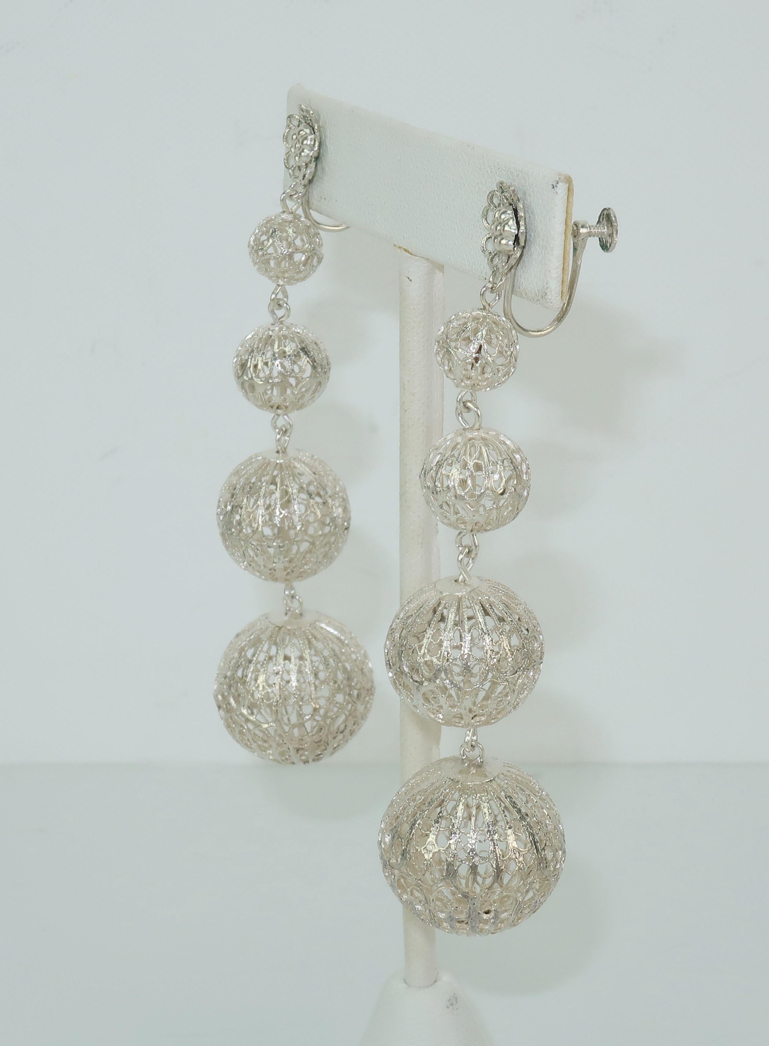 Anglo-Indian Vintage Silver Filigree Graduated Orb Dangle Earrings