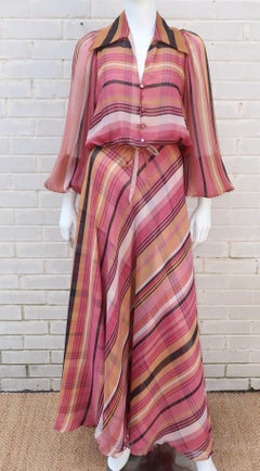 1970's Alice Blaine Striped Chiffon Two Piece Maxi Dress