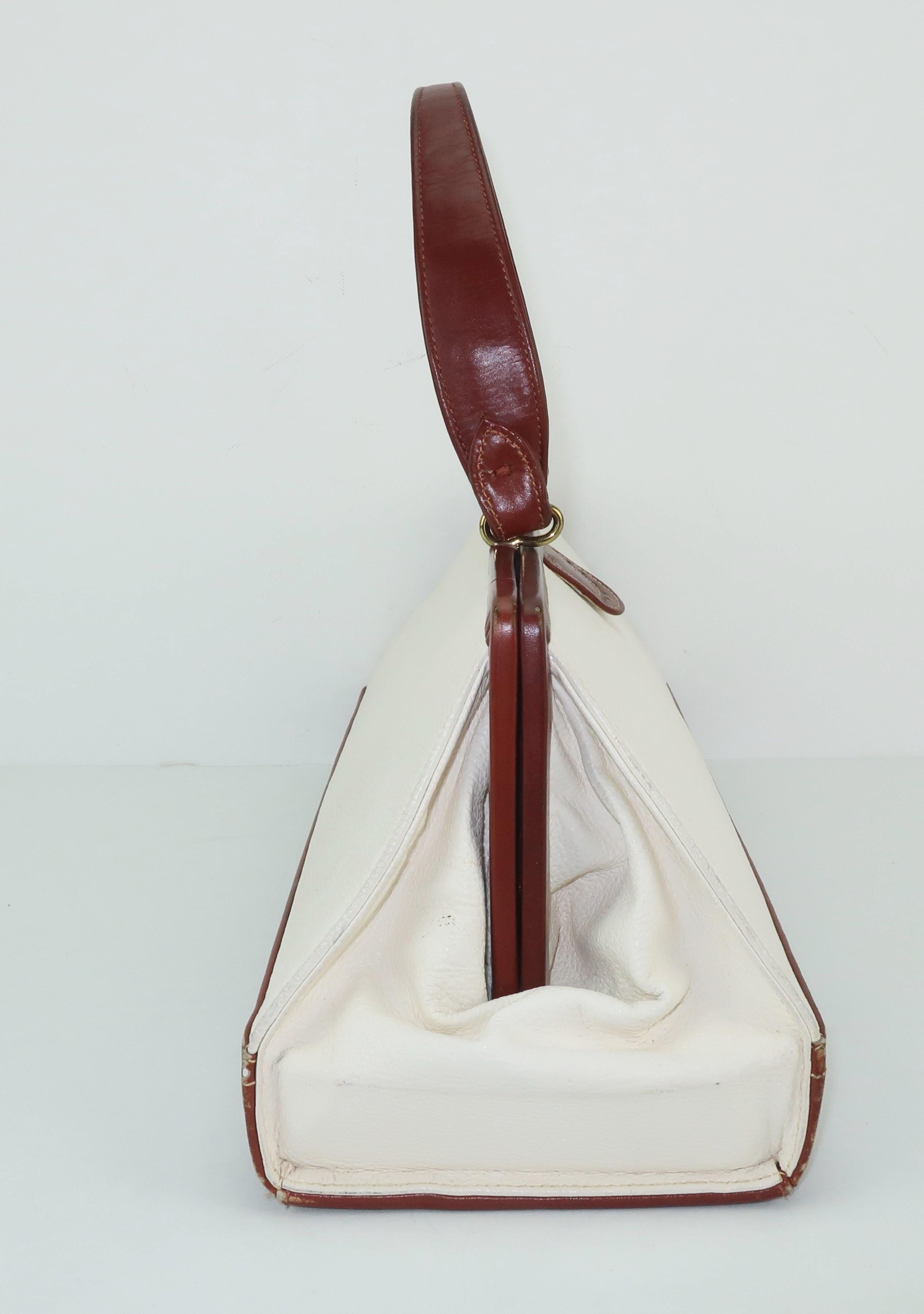 Beige Elongated 1950’s J. Miller White & Brown Leather Spectator Handbag