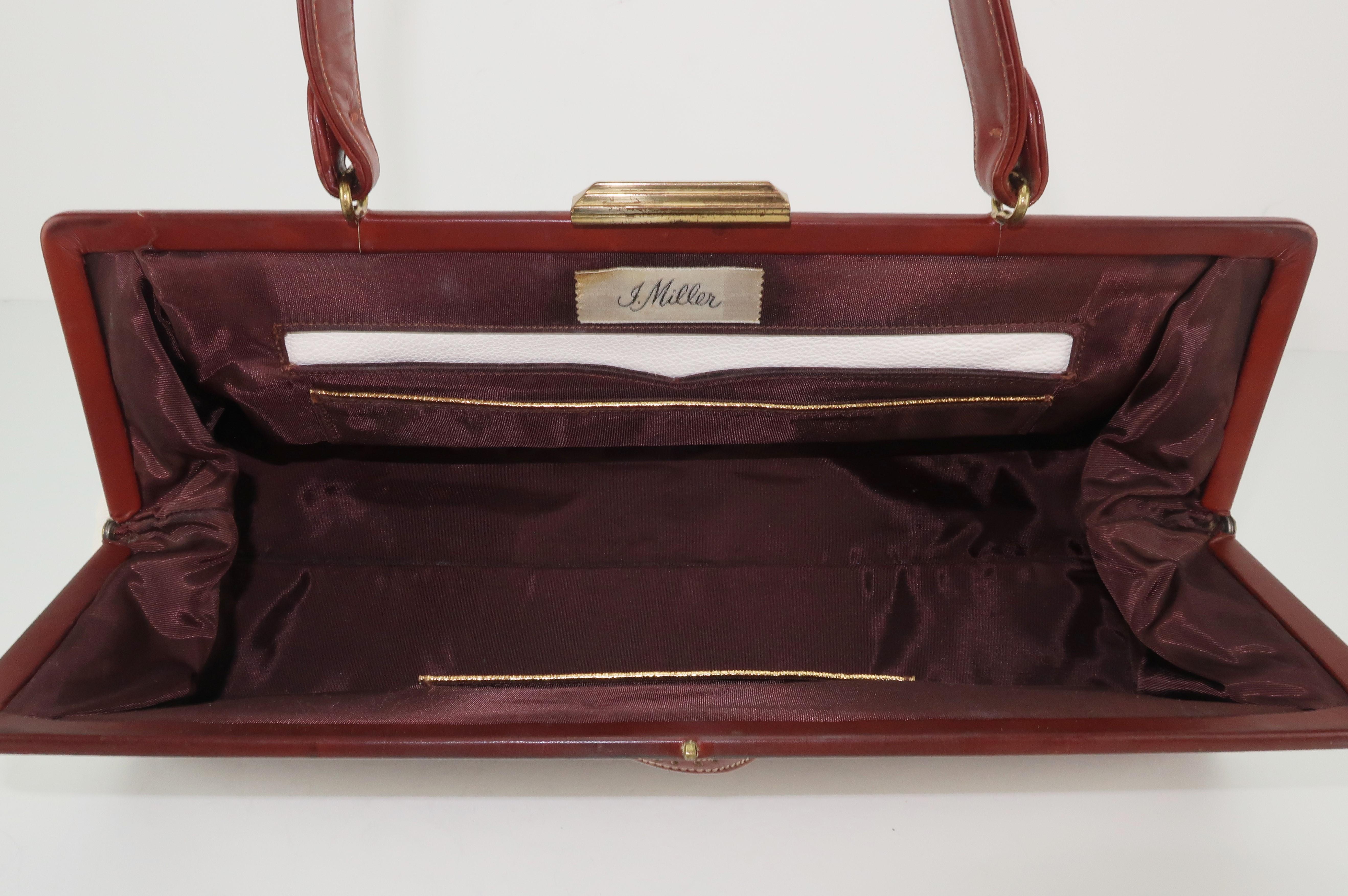 Elongated 1950’s J. Miller White & Brown Leather Spectator Handbag 6