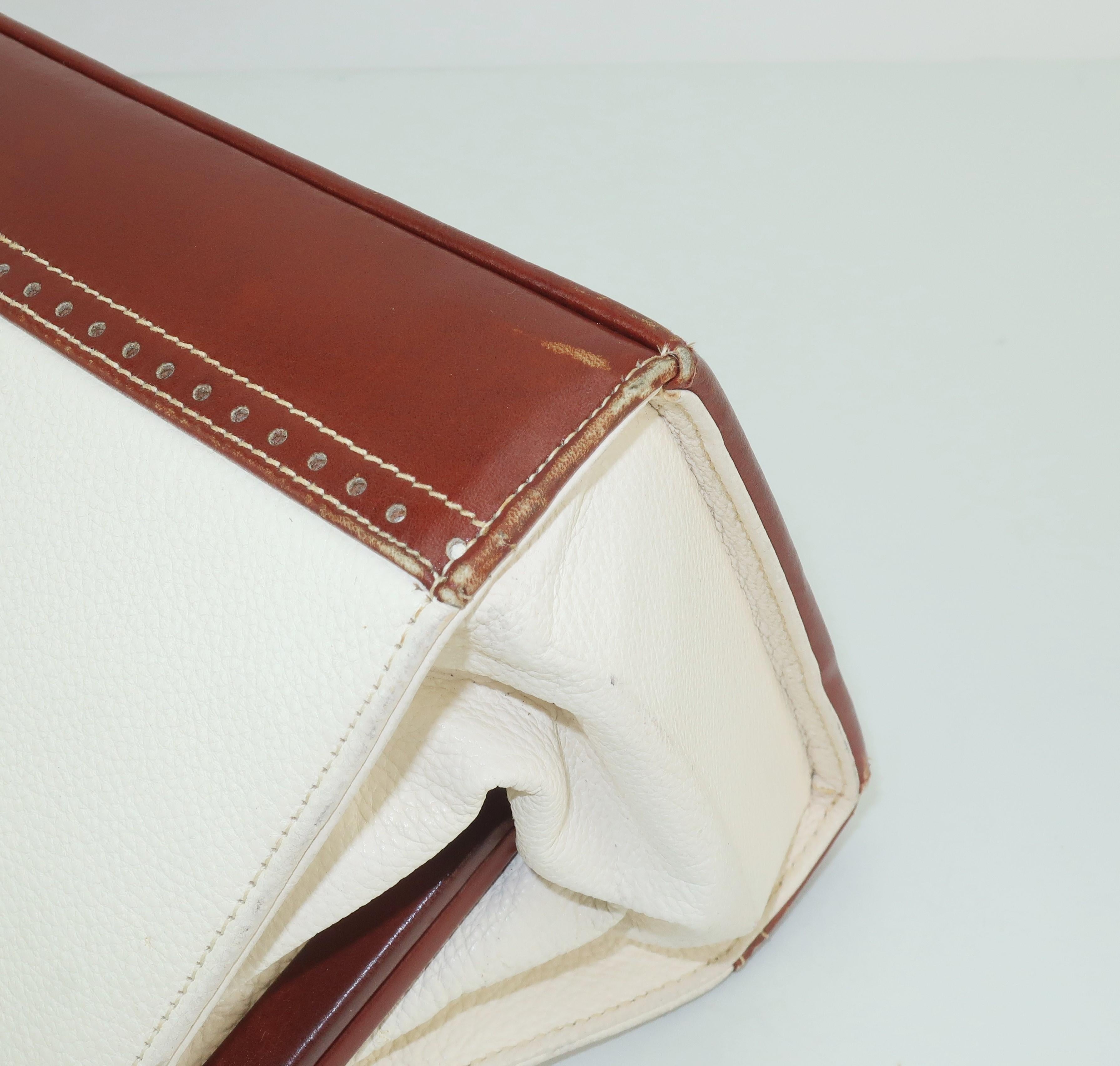 Elongated 1950’s J. Miller White & Brown Leather Spectator Handbag 3