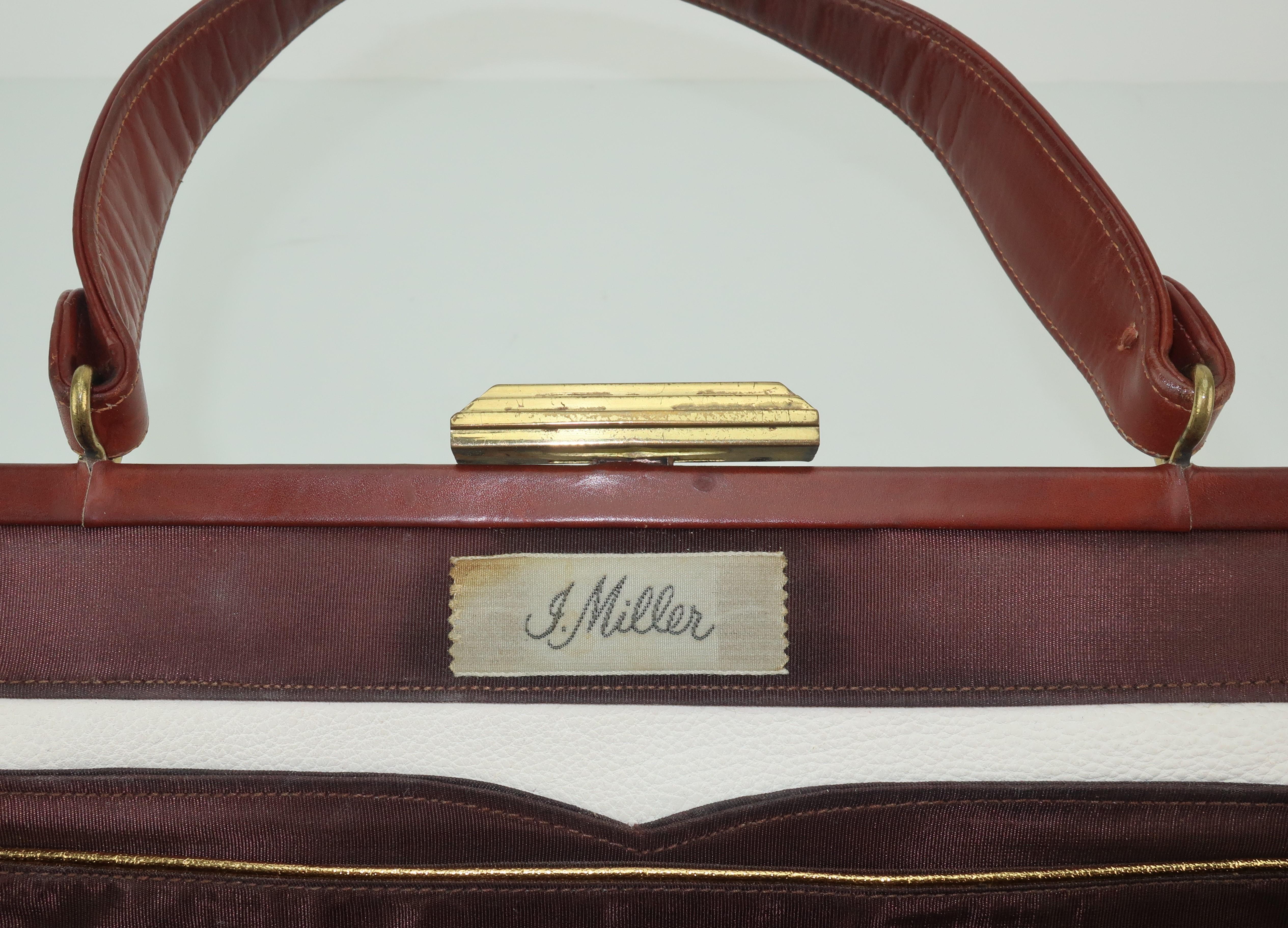 Elongated 1950’s J. Miller White & Brown Leather Spectator Handbag 5