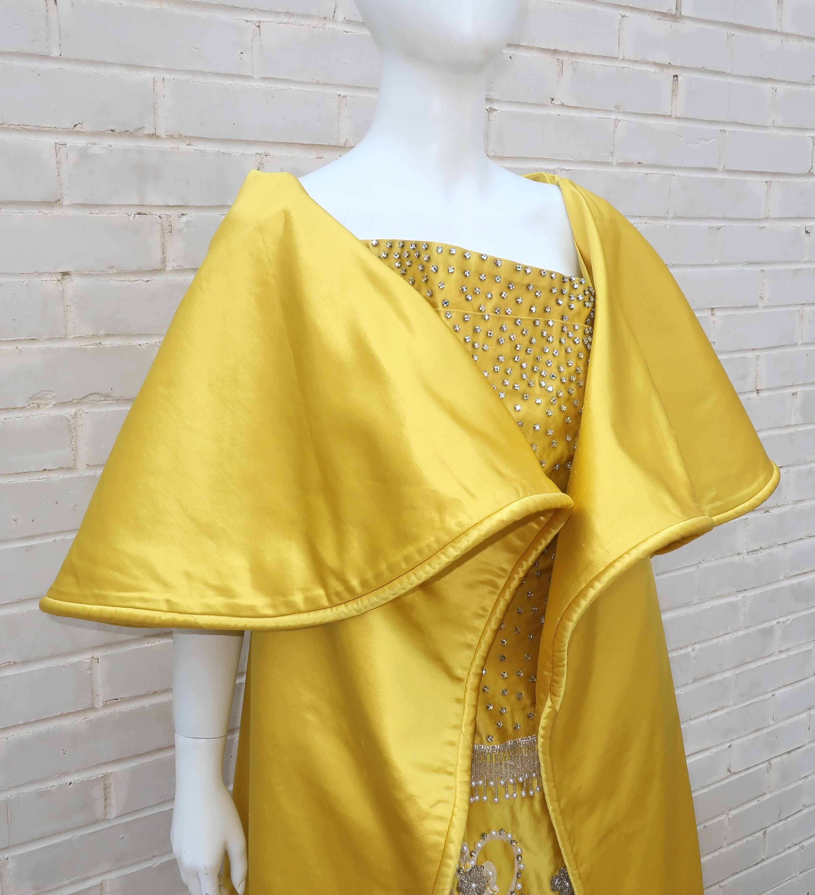 1950’s Showgirl Style Yellow Satin Beaded Fringed Dress With Wrap Coat In Fair Condition In Atlanta, GA