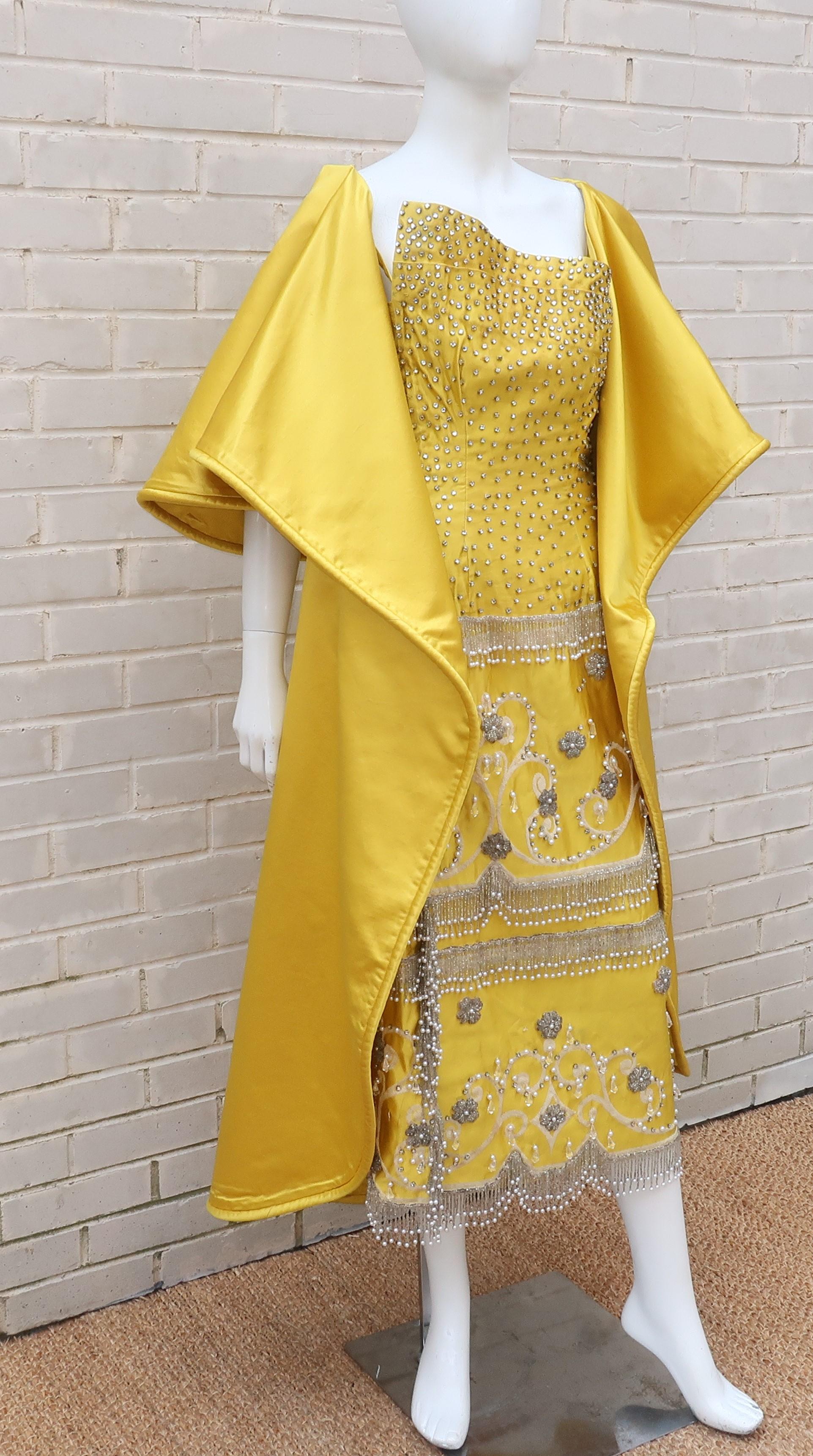 Women's 1950’s Showgirl Style Yellow Satin Beaded Fringed Dress With Wrap Coat