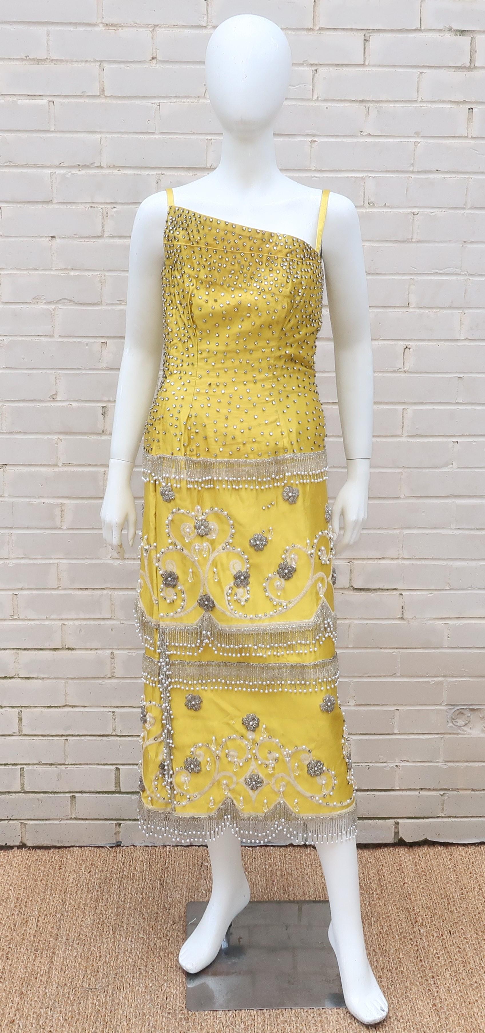 1950’s Showgirl Style Yellow Satin Beaded Fringed Dress With Wrap Coat 2