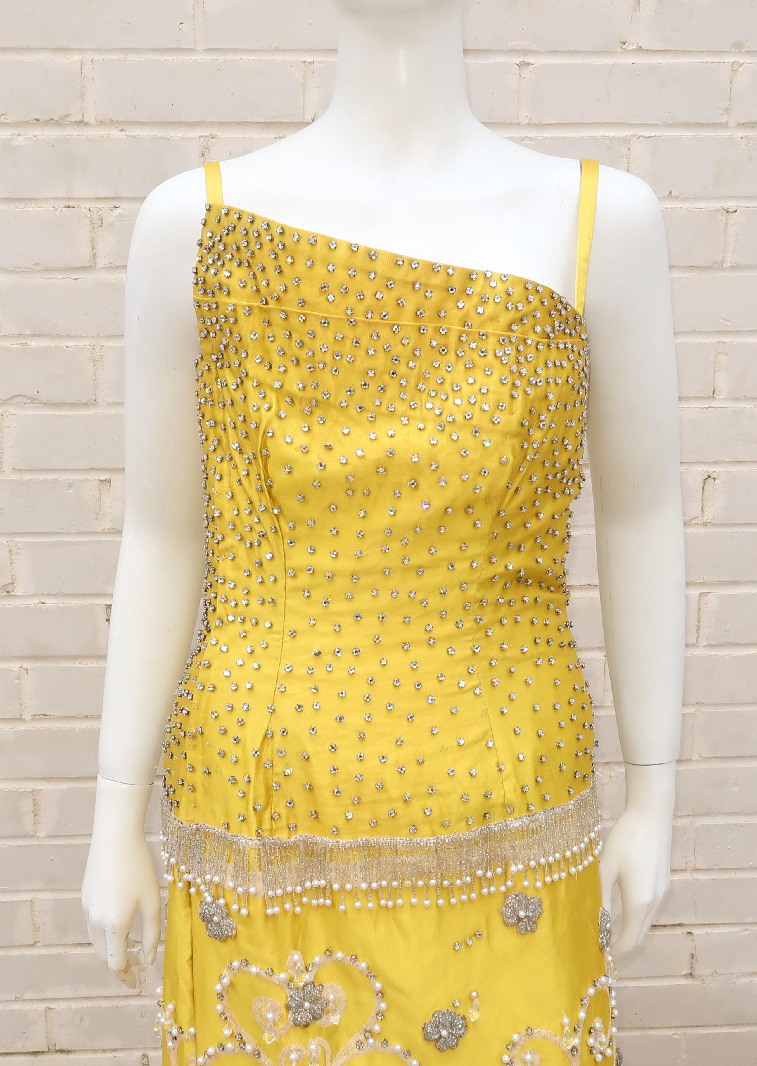 1950’s Showgirl Style Yellow Satin Beaded Fringed Dress With Wrap Coat 3