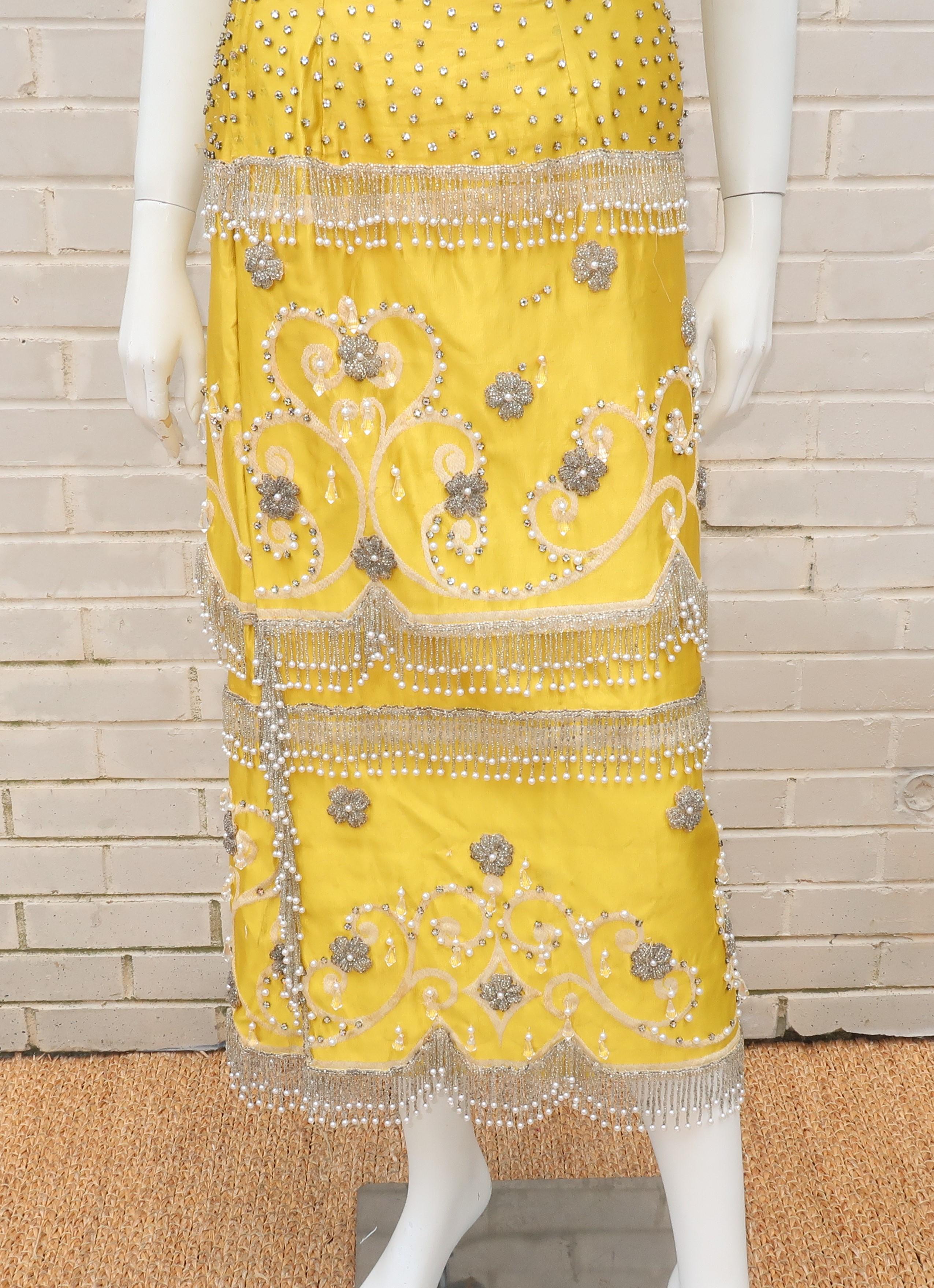 1950’s Showgirl Style Yellow Satin Beaded Fringed Dress With Wrap Coat 4