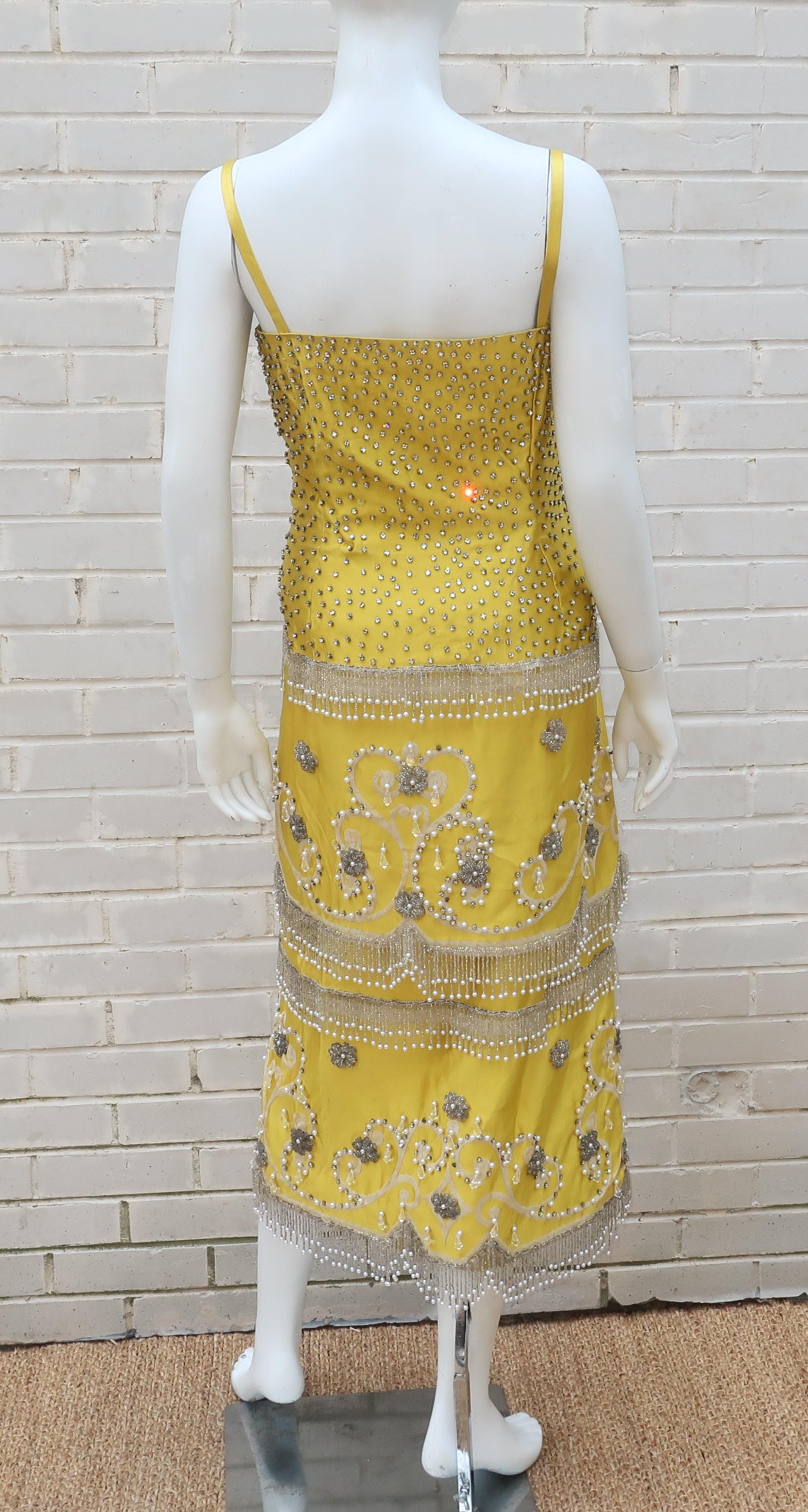 1950’s Showgirl Style Yellow Satin Beaded Fringed Dress With Wrap Coat 9