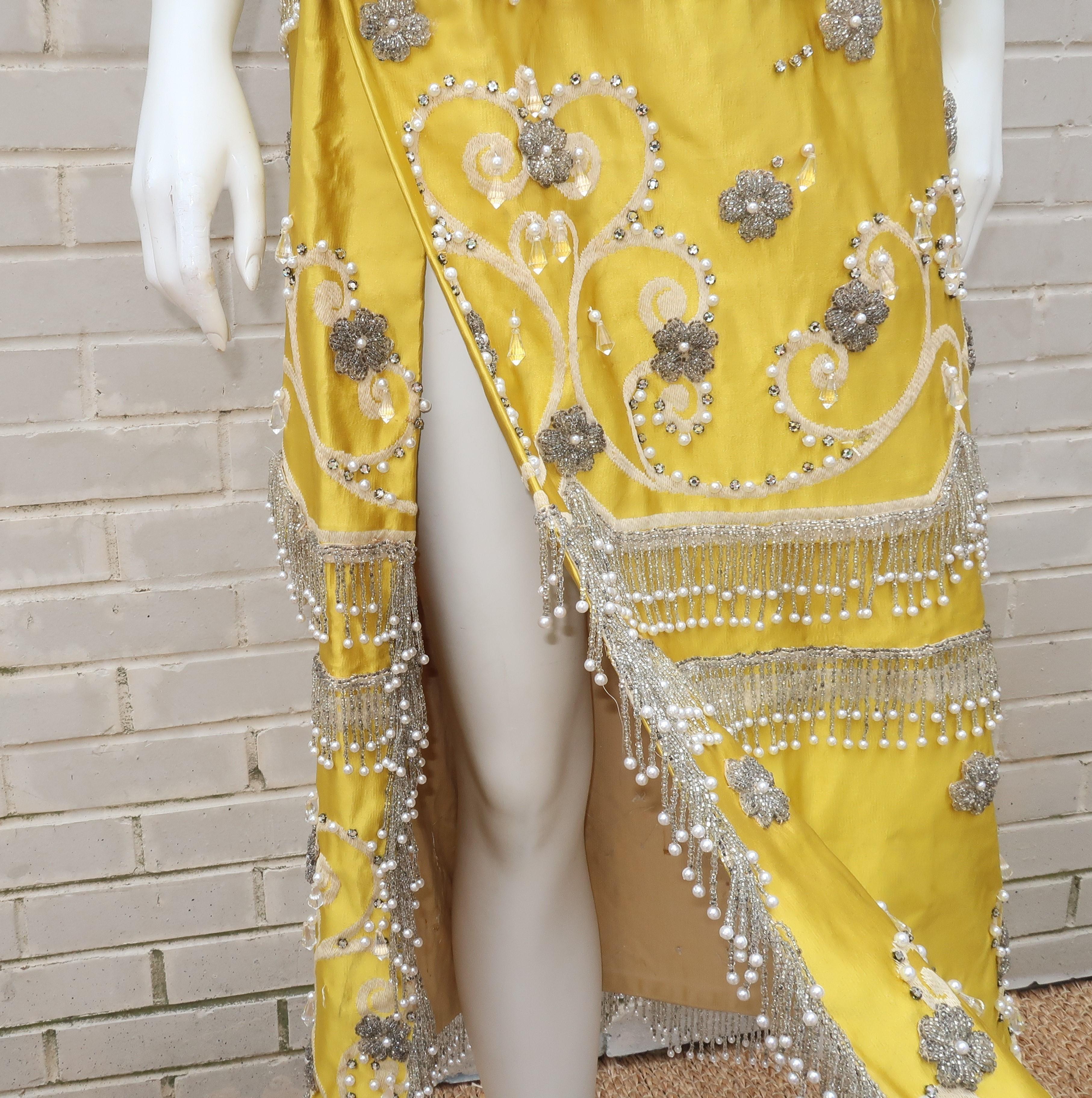 1950’s Showgirl Style Yellow Satin Beaded Fringed Dress With Wrap Coat 5