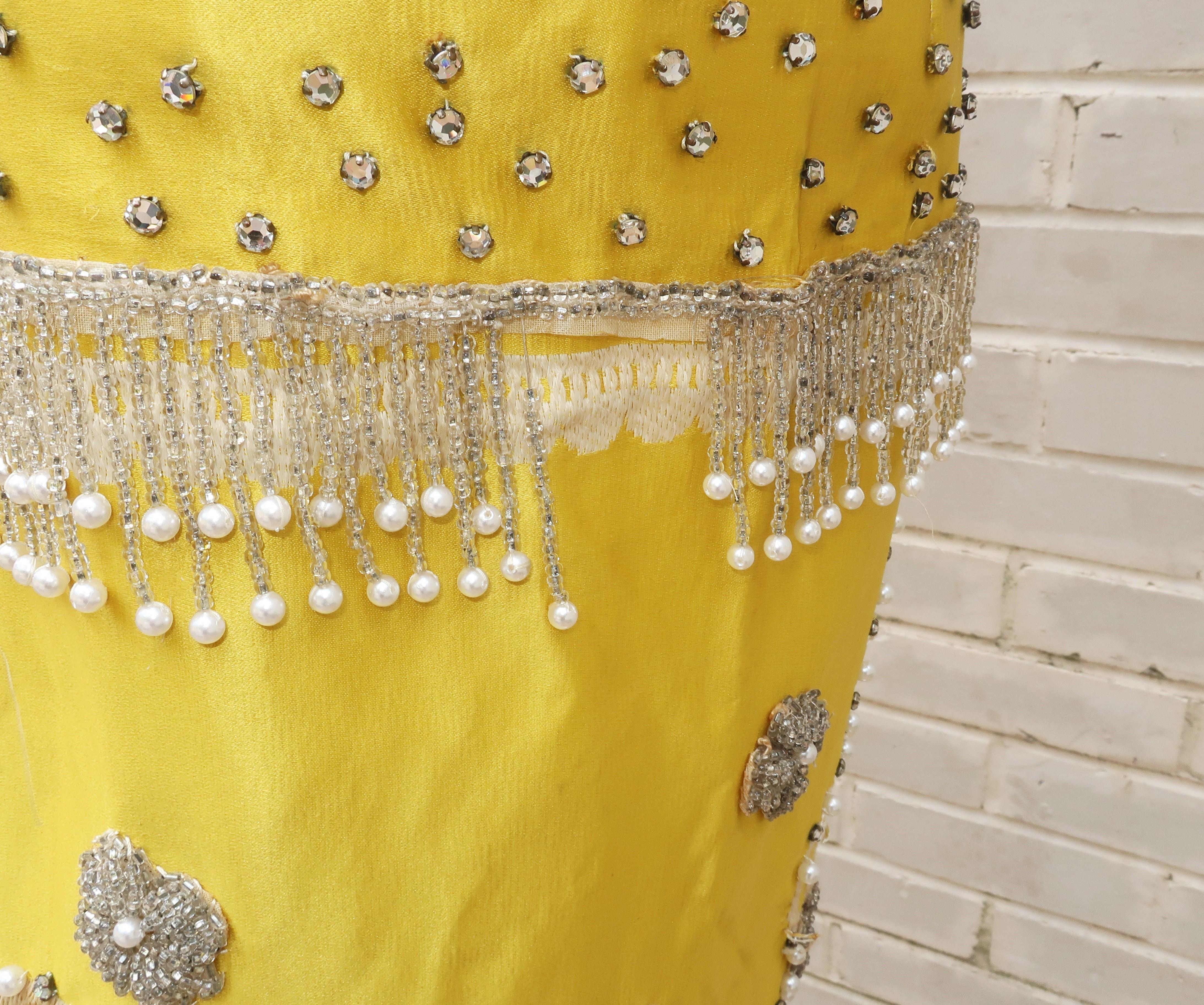 1950’s Showgirl Style Yellow Satin Beaded Fringed Dress With Wrap Coat 8