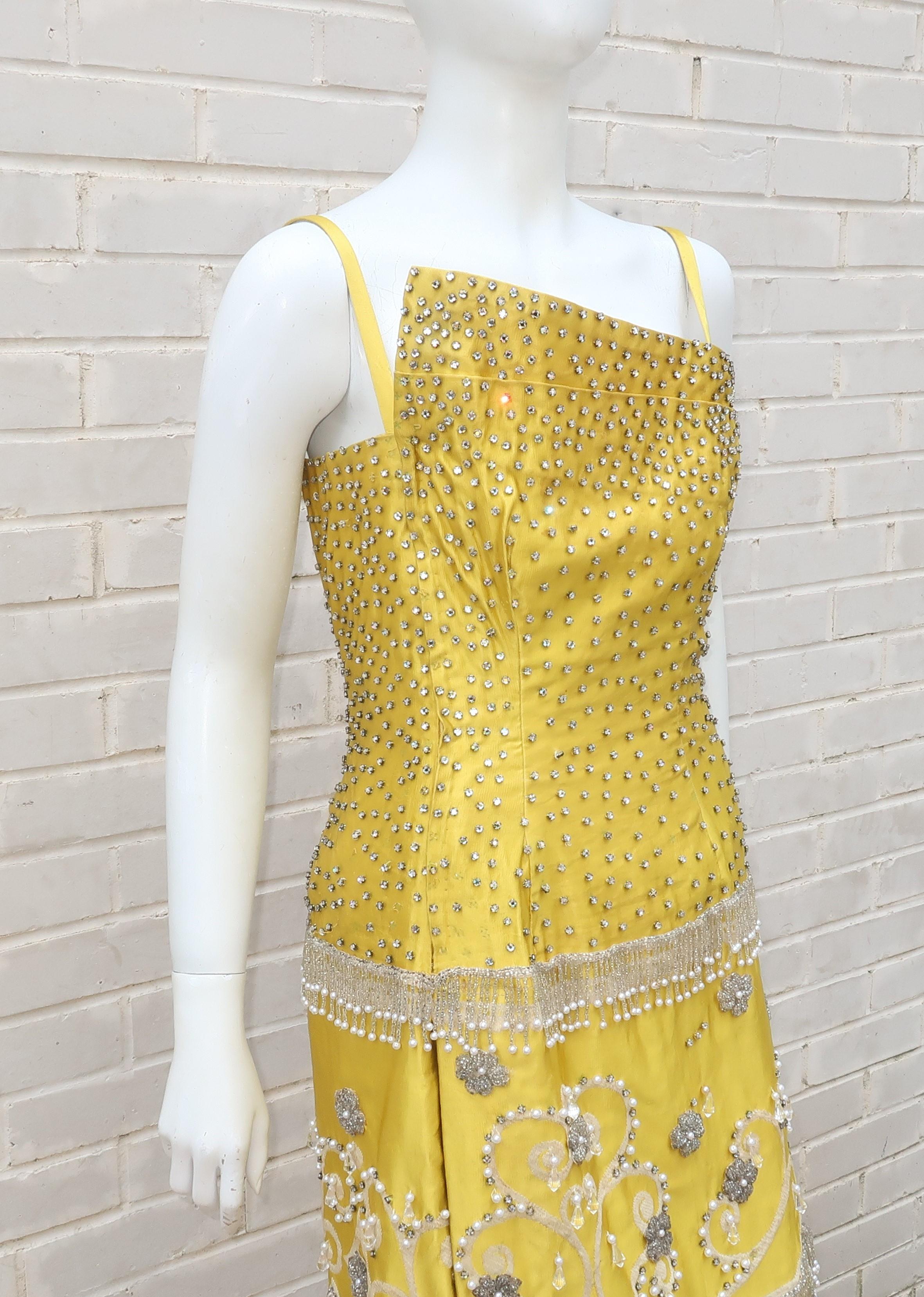 1950’s Showgirl Style Yellow Satin Beaded Fringed Dress With Wrap Coat 6