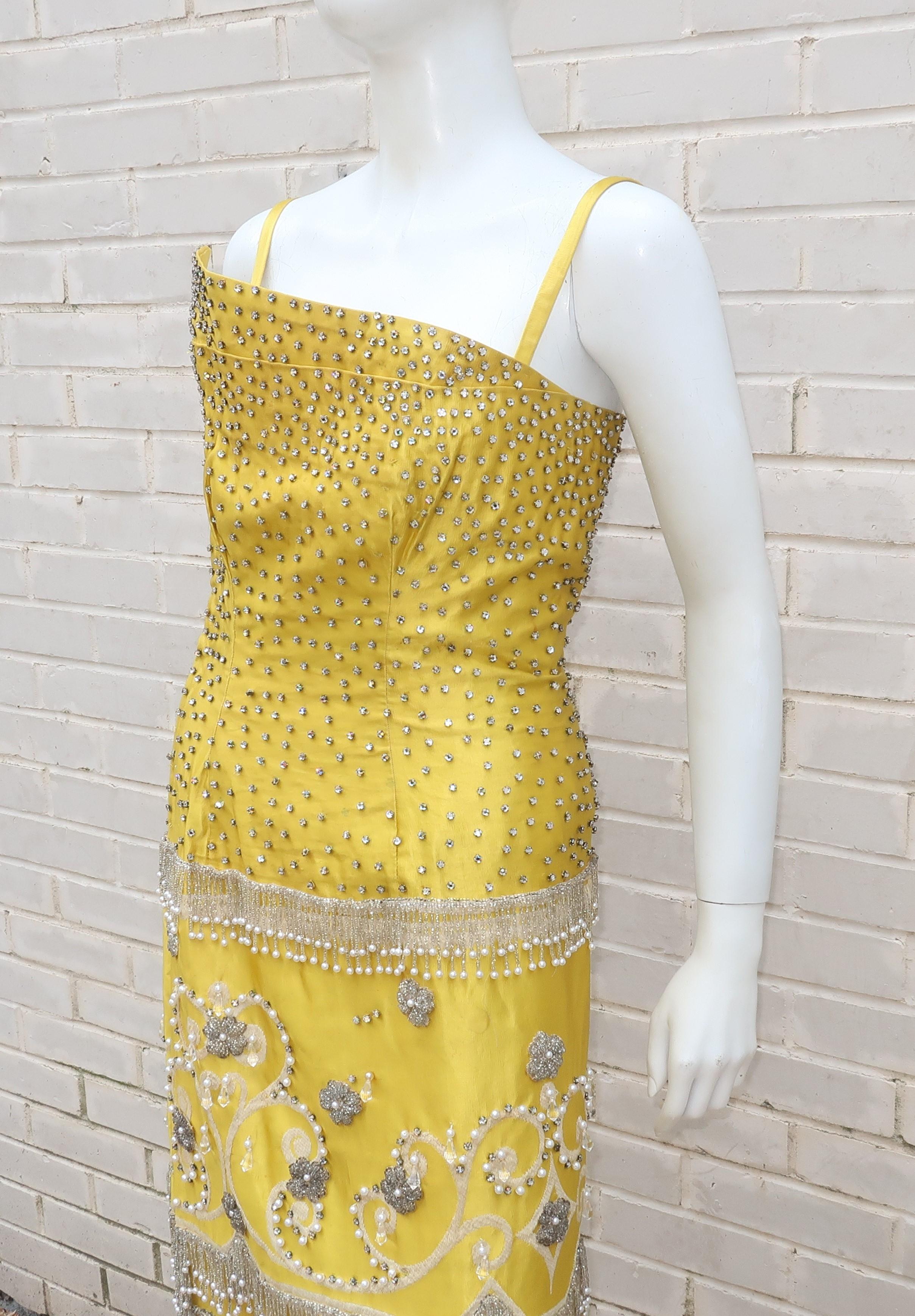 1950’s Showgirl Style Yellow Satin Beaded Fringed Dress With Wrap Coat 7