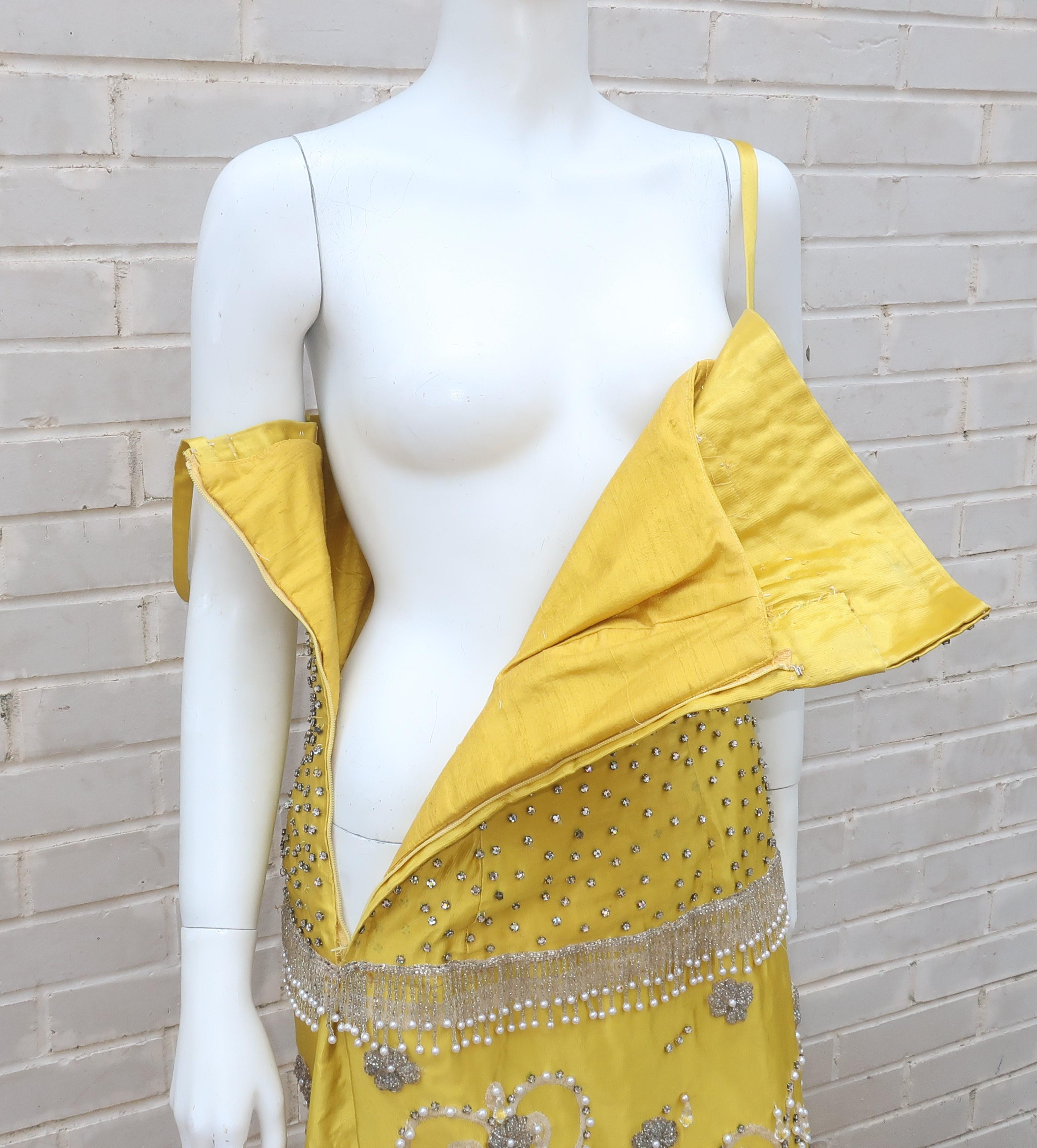 1950’s Showgirl Style Yellow Satin Beaded Fringed Dress With Wrap Coat 10