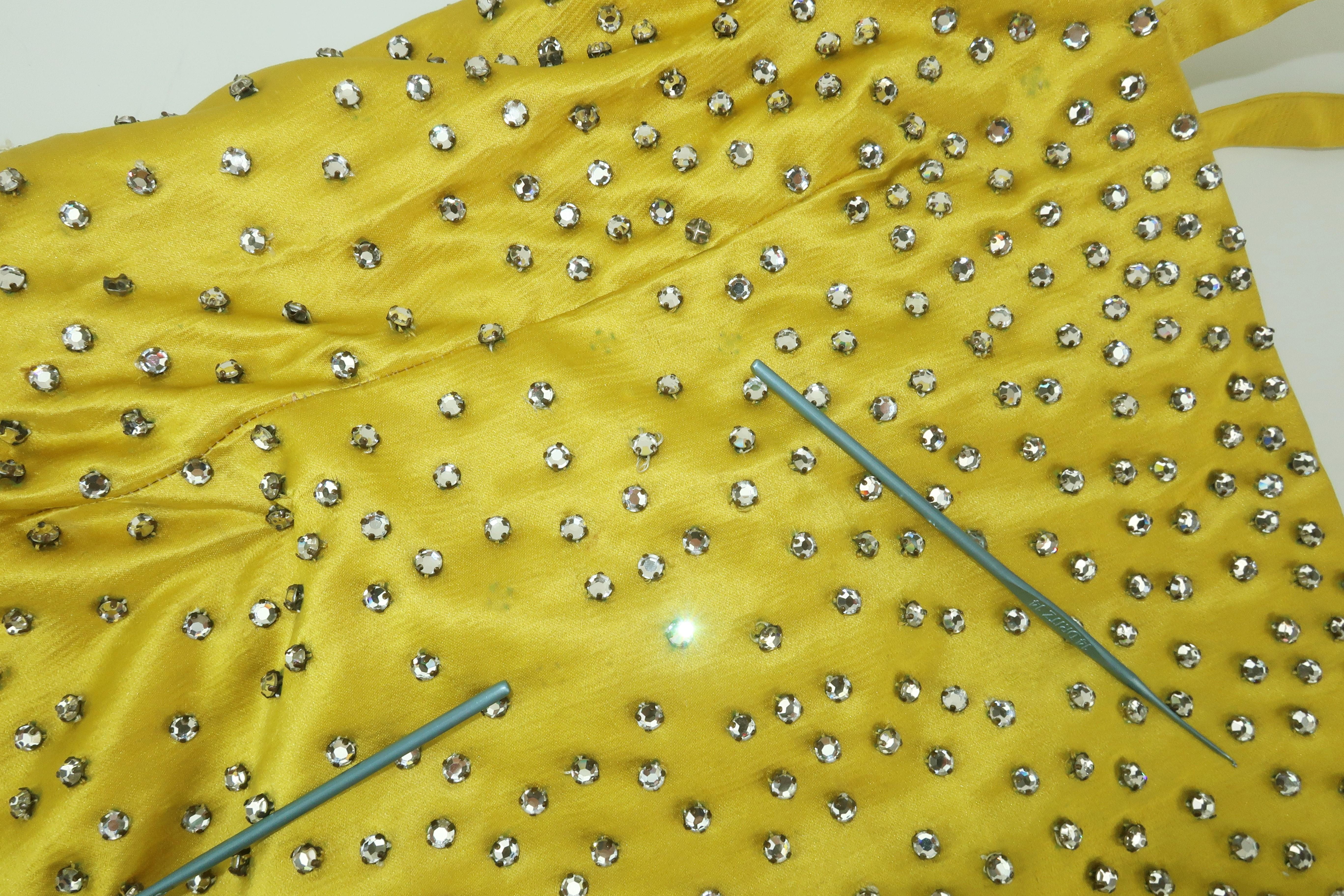 1950’s Showgirl Style Yellow Satin Beaded Fringed Dress With Wrap Coat 16