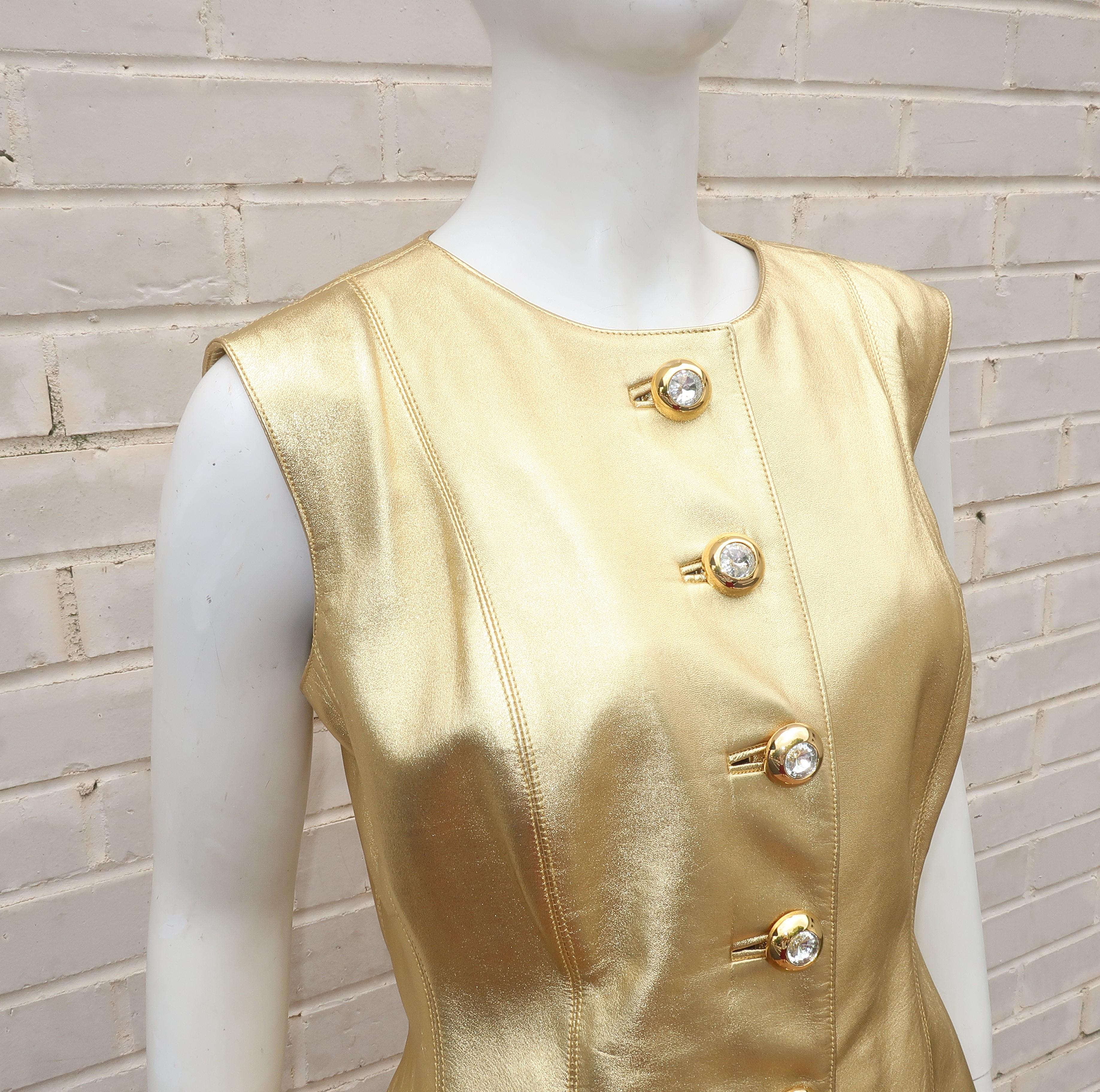 1980's Yves Saint Laurent Gold Leather Vest With Rhinestone Buttons In Excellent Condition In Atlanta, GA