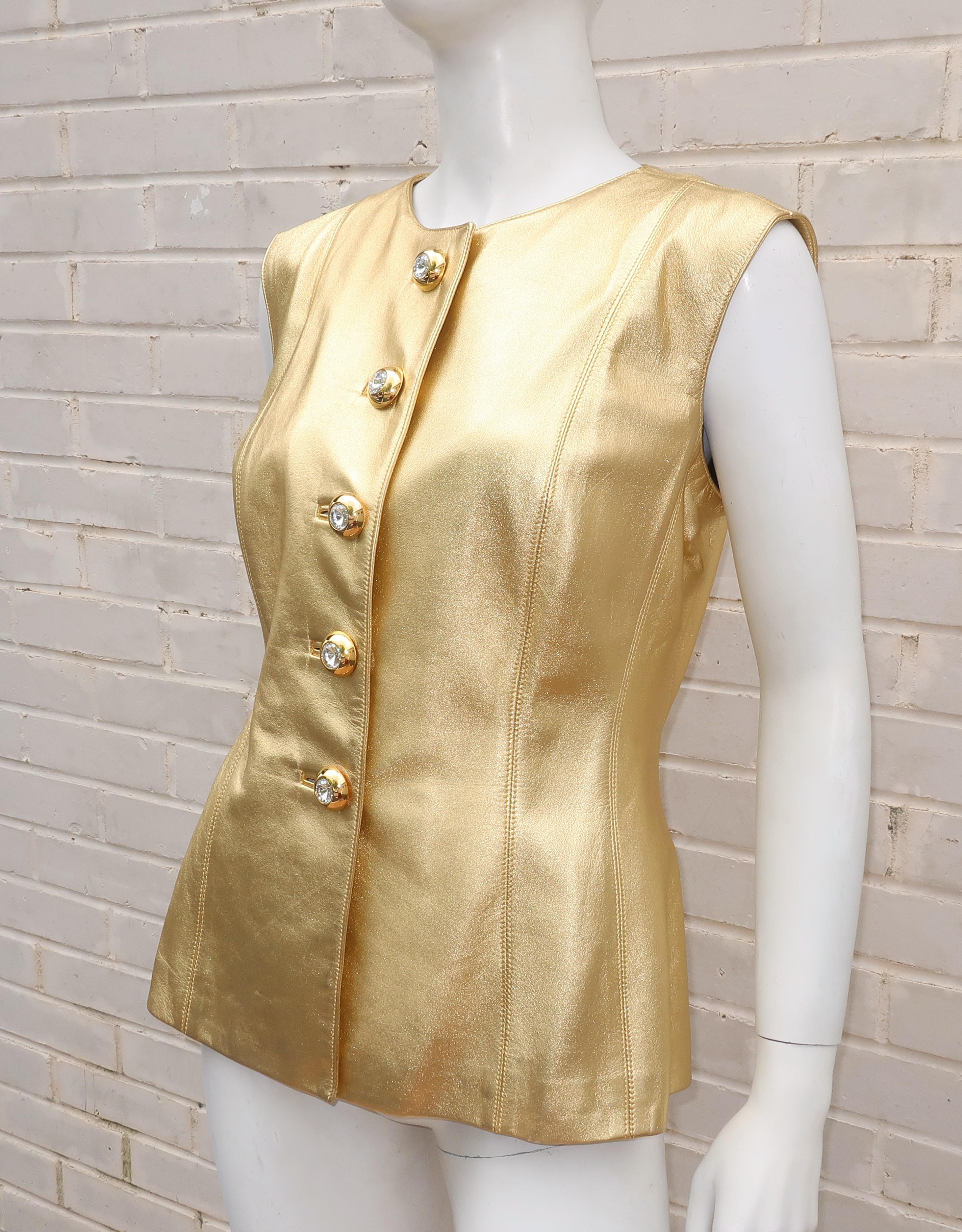 Women's 1980's Yves Saint Laurent Gold Leather Vest With Rhinestone Buttons