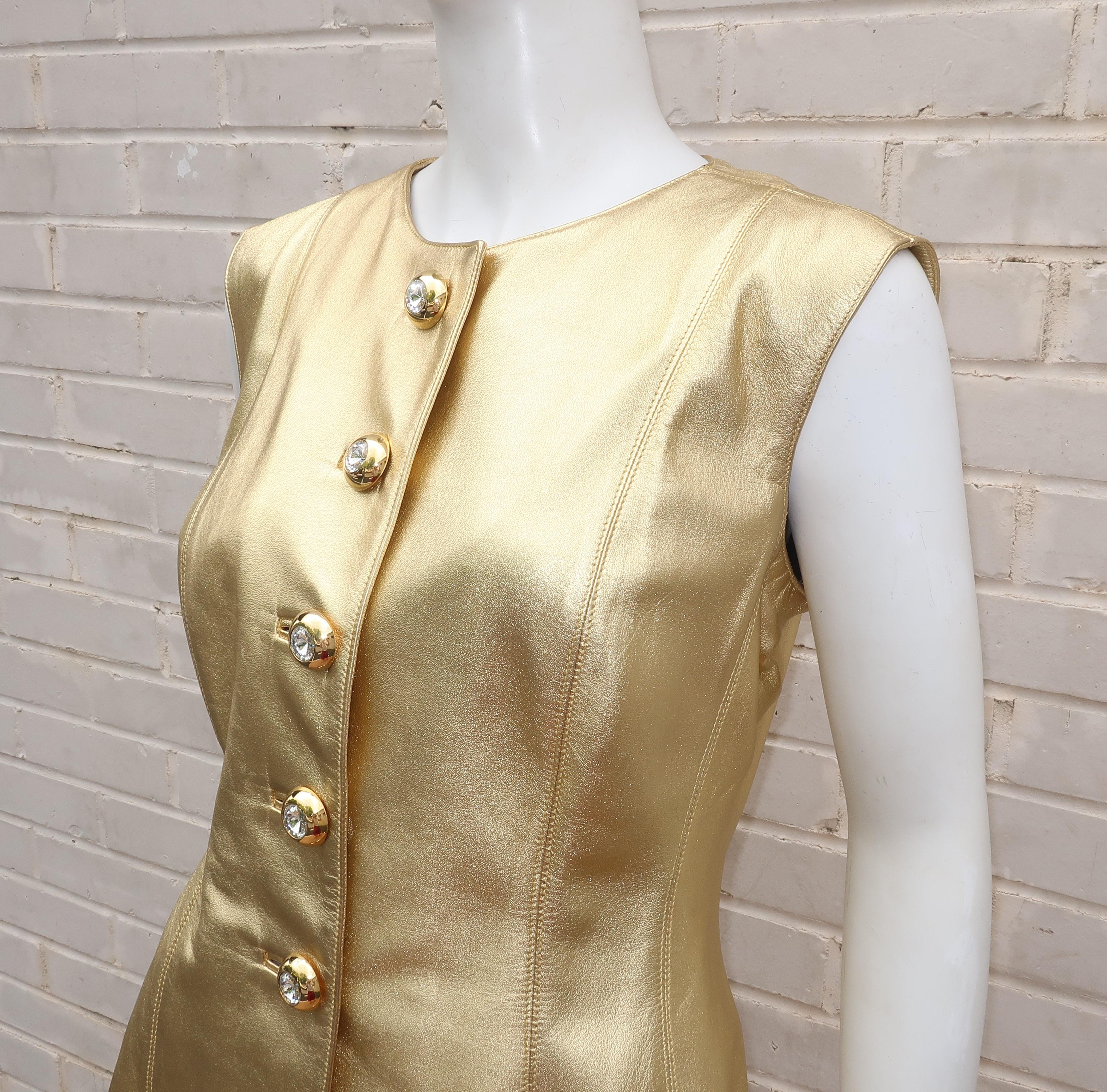 1980's Yves Saint Laurent Gold Leather Vest With Rhinestone Buttons 1