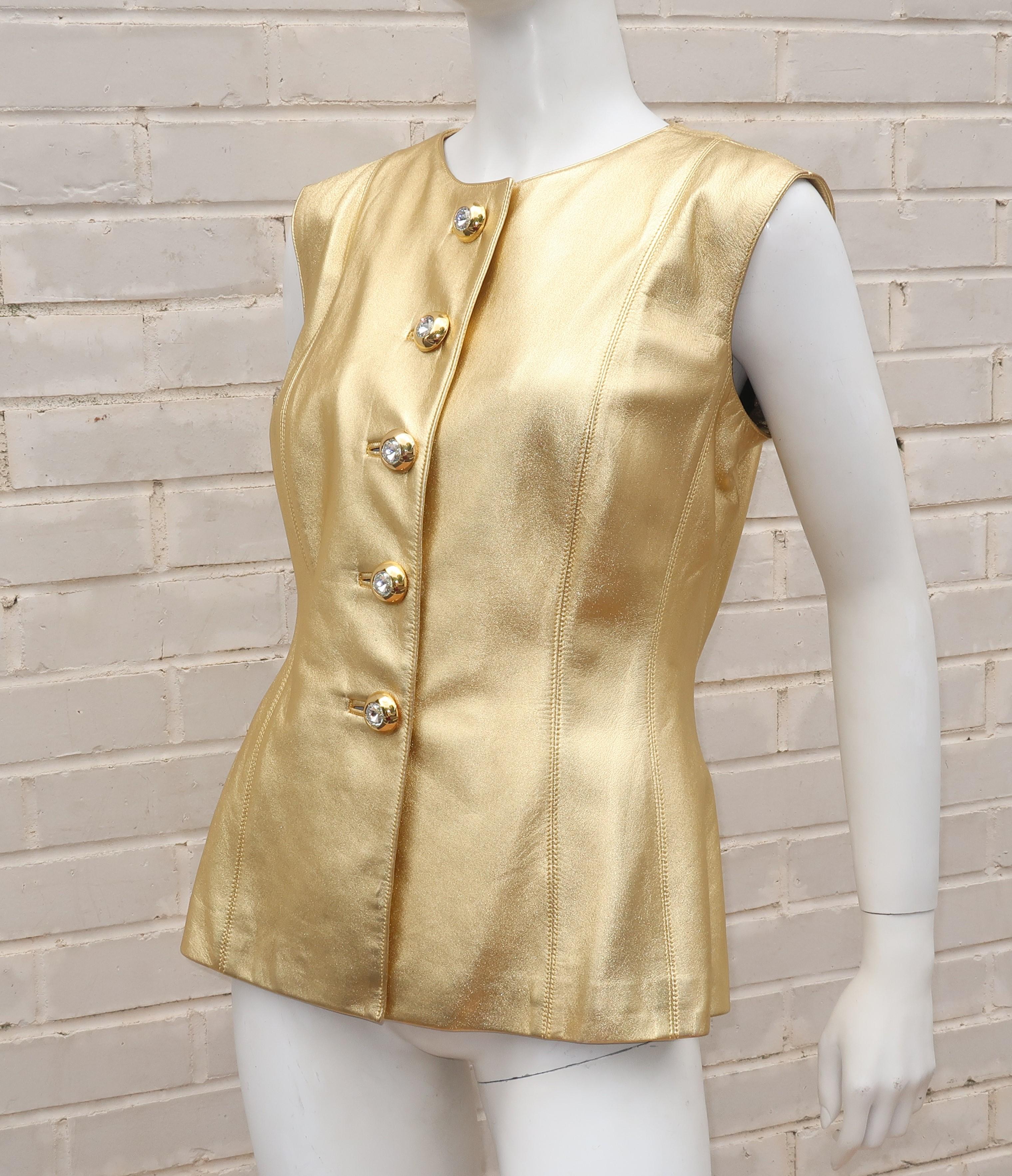 1980's Yves Saint Laurent Gold Leather Vest With Rhinestone Buttons 2