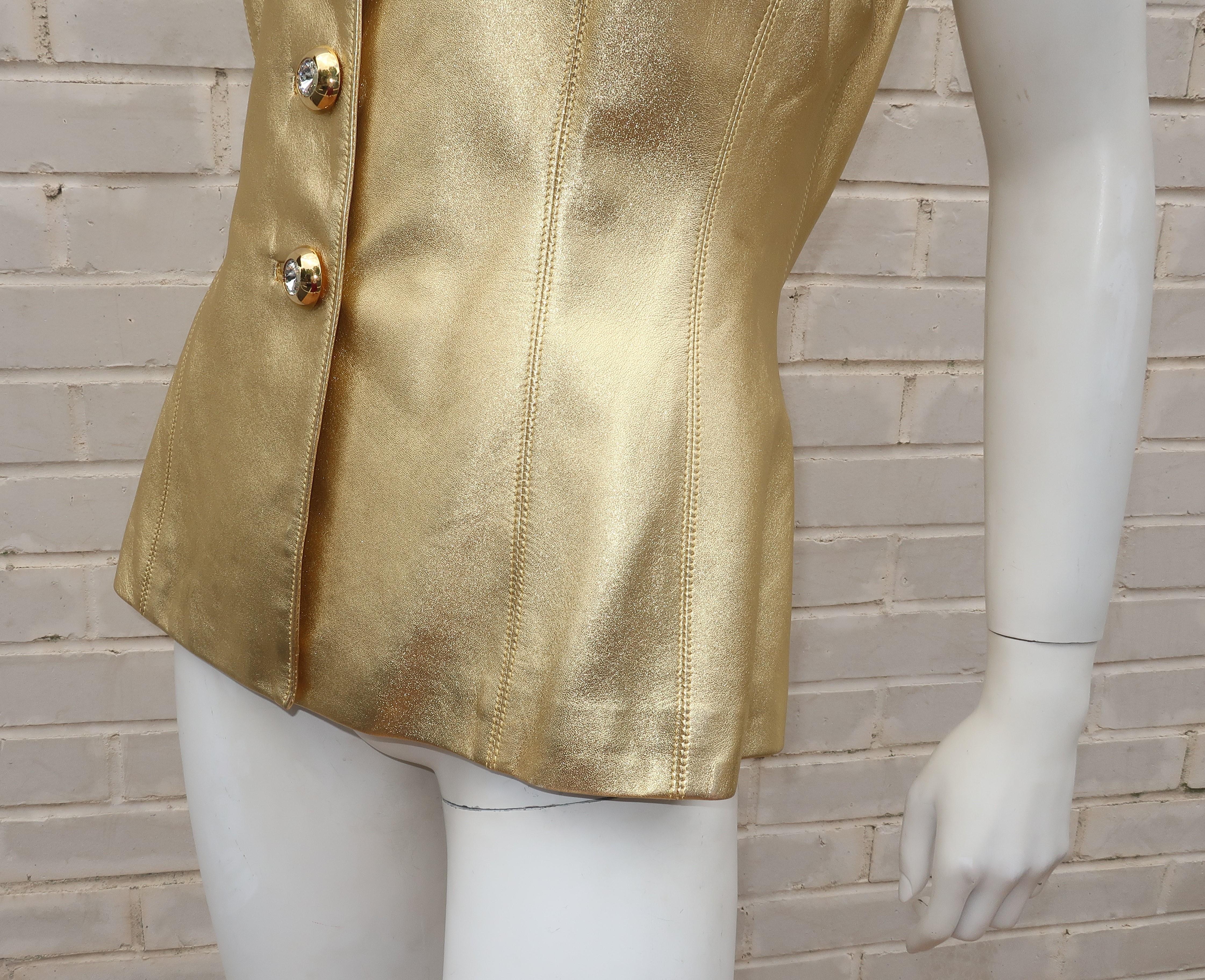 1980's Yves Saint Laurent Gold Leather Vest With Rhinestone Buttons 3