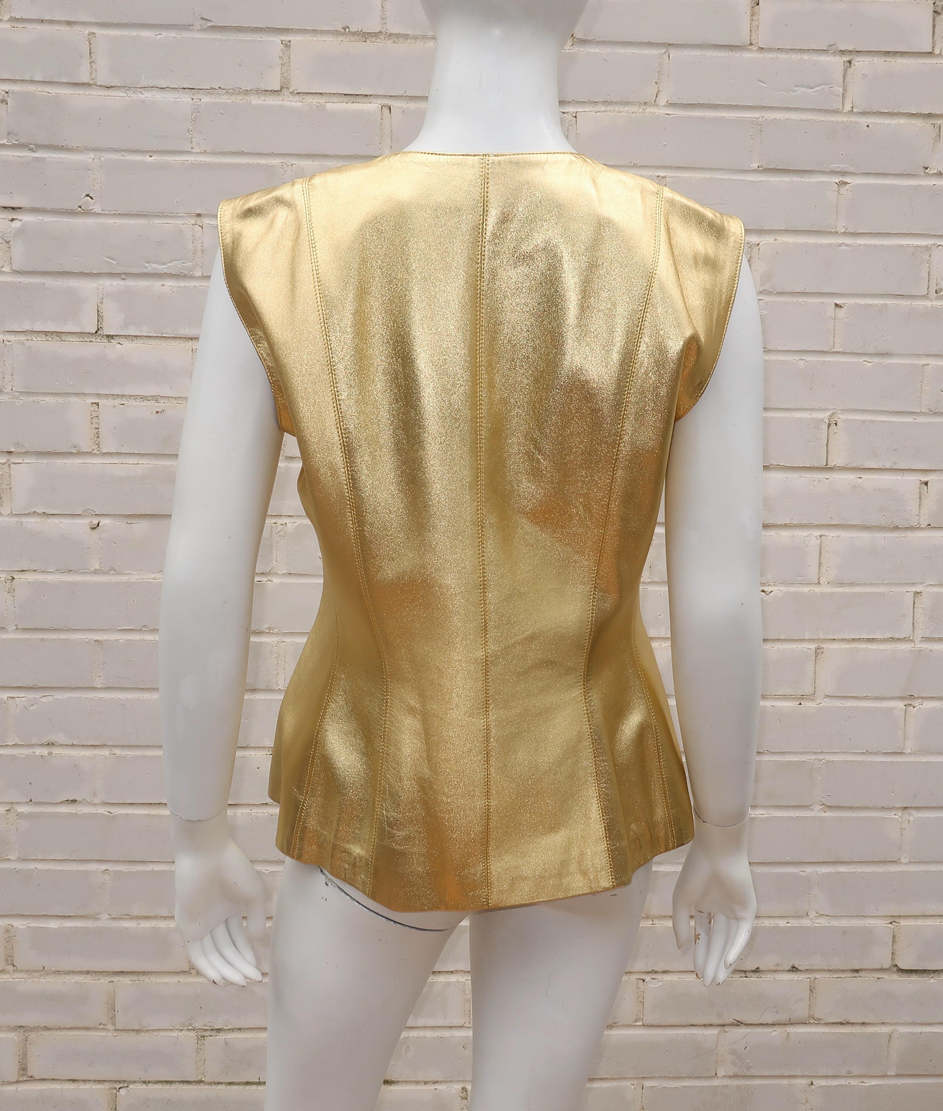 1980's Yves Saint Laurent Gold Leather Vest With Rhinestone Buttons 4