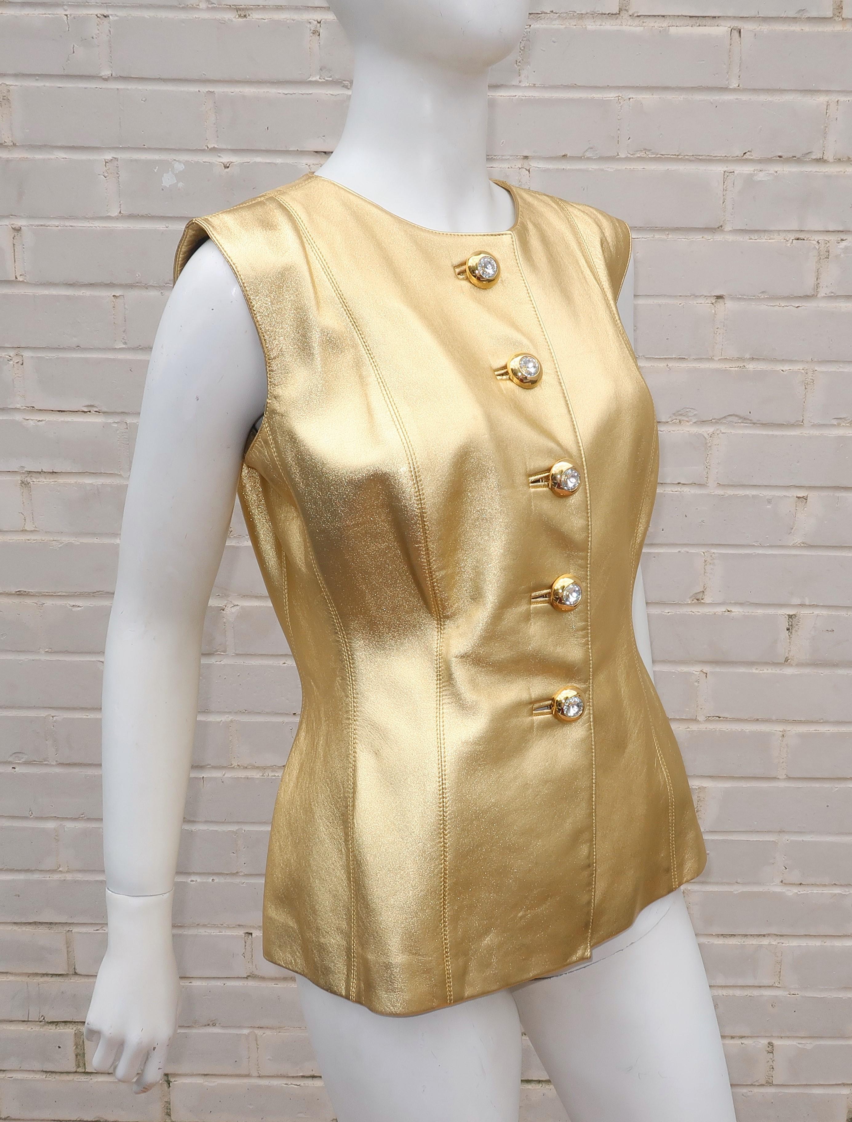 1980's Yves Saint Laurent Gold Leather Vest With Rhinestone Buttons 5