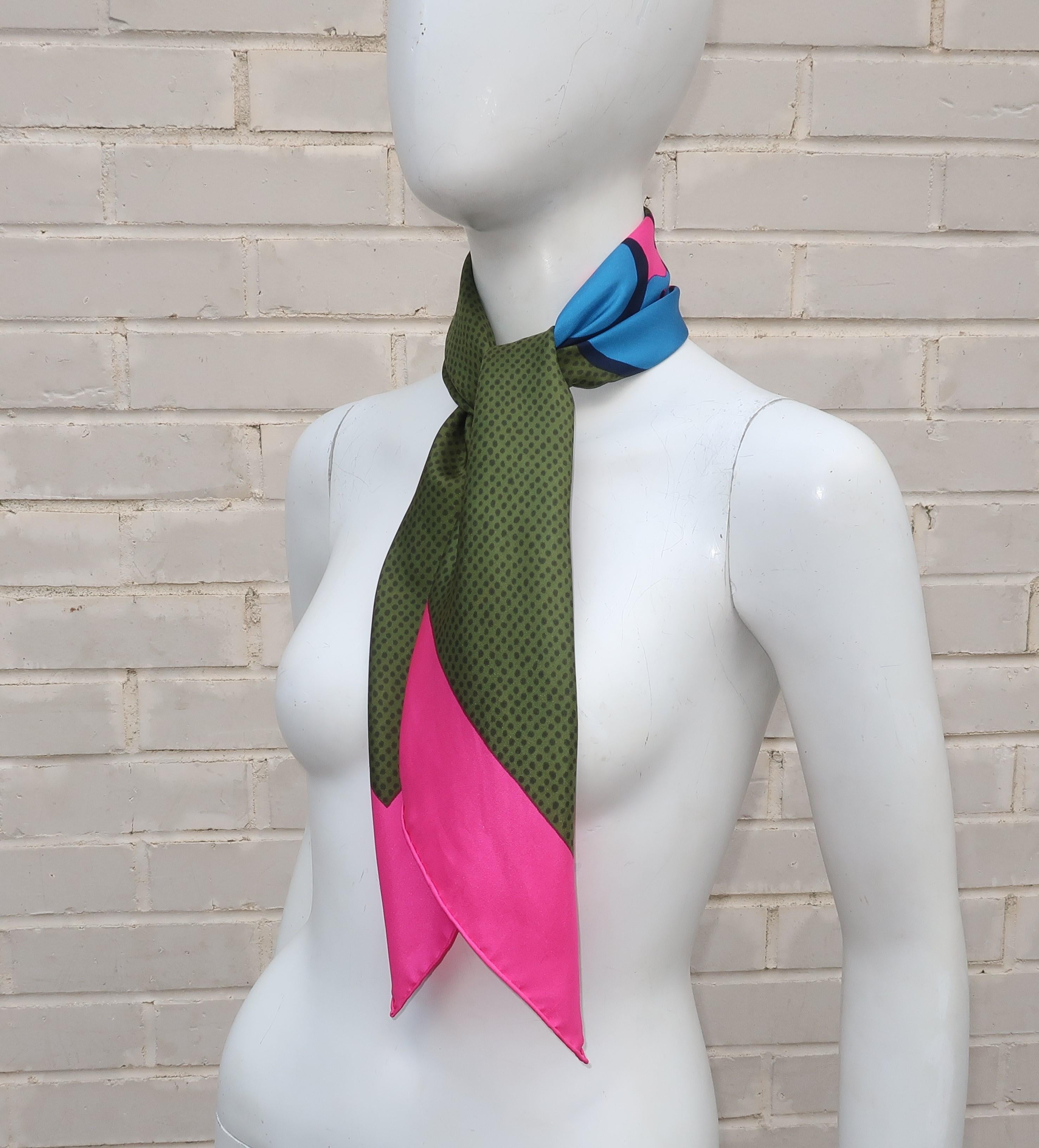 Vintage Christian Dior Hot Pink, Blue & Green Silk Scarf With Bird Motif 3