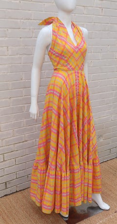 Christian Dior Seersucker Plaid Cotton Halter Peasant Dress, 1960s