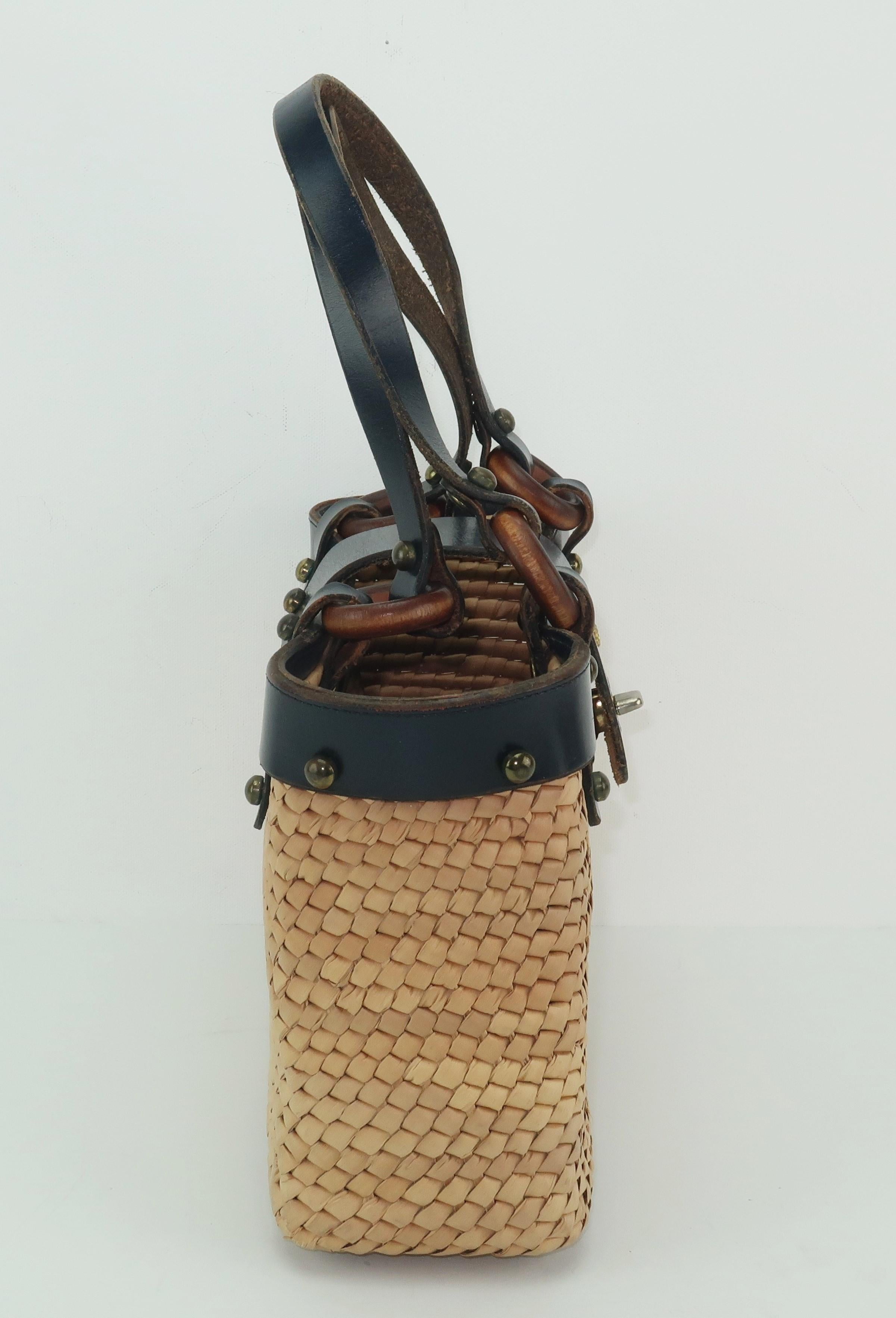 John Romain Navy Blue Leather and Straw Mini Tote Handbag, 1960s In Good Condition In Atlanta, GA