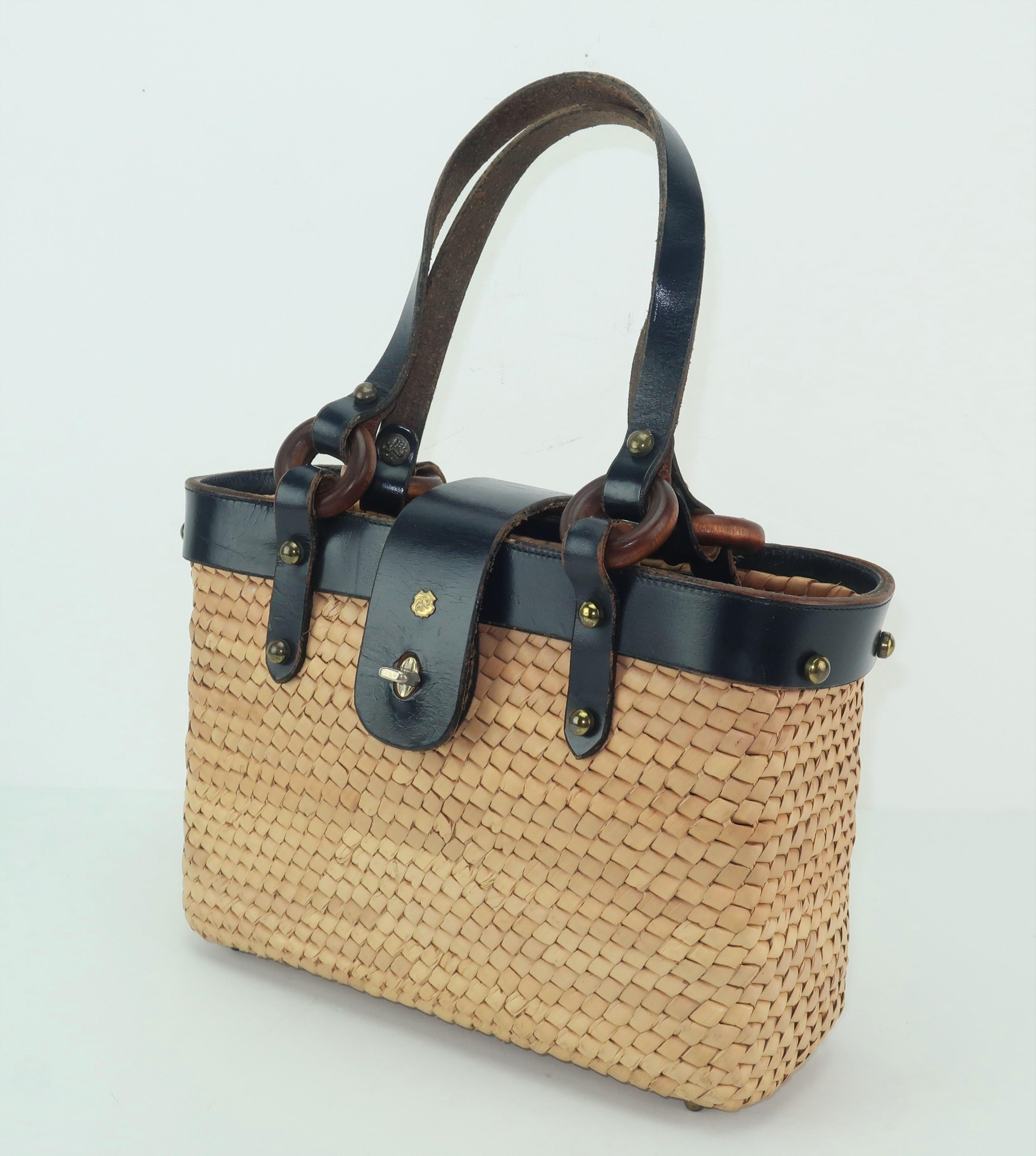 Brown John Romain Navy Blue Leather and Straw Mini Tote Handbag, 1960s