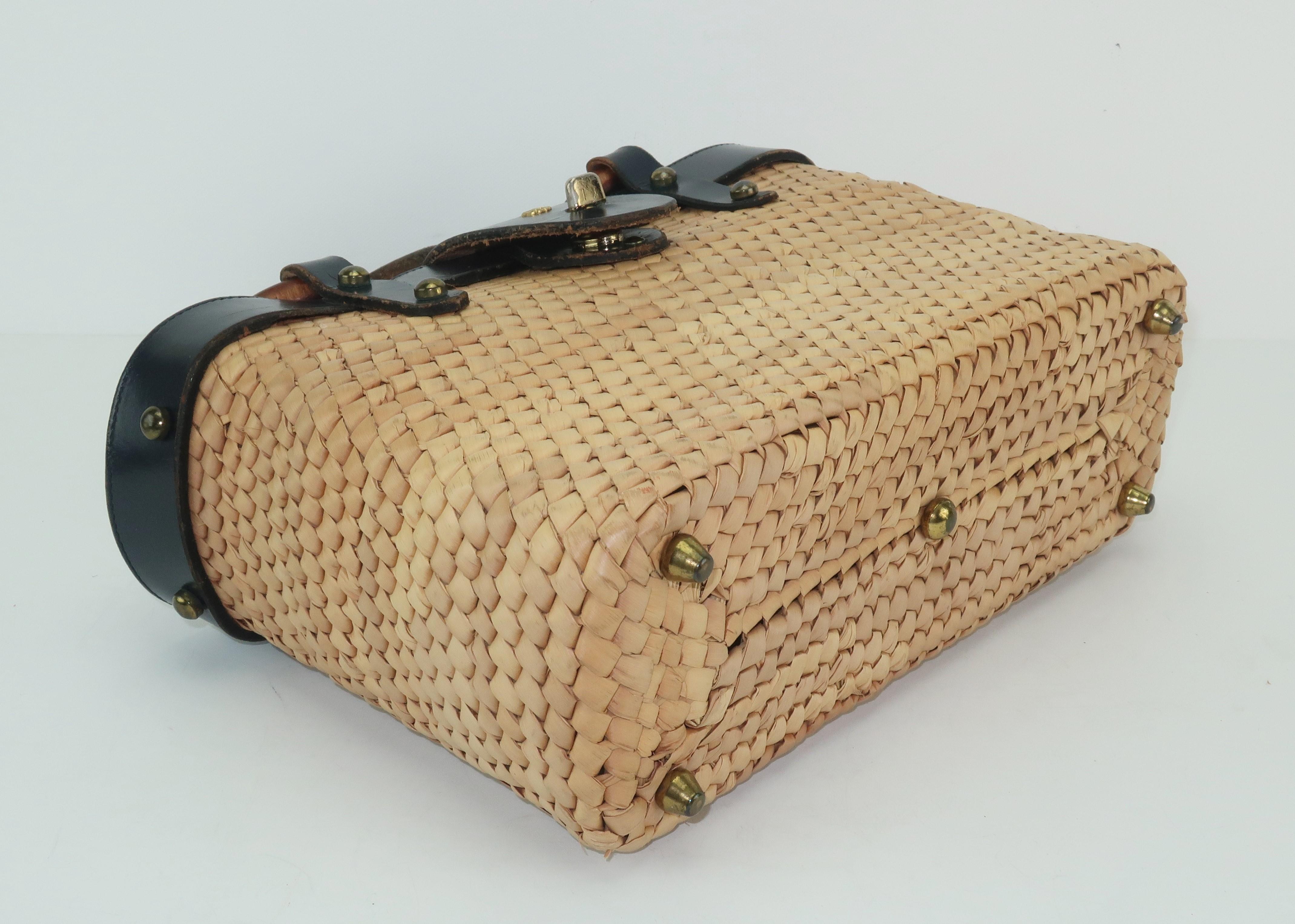 John Romain Navy Blue Leather and Straw Mini Tote Handbag, 1960s 2