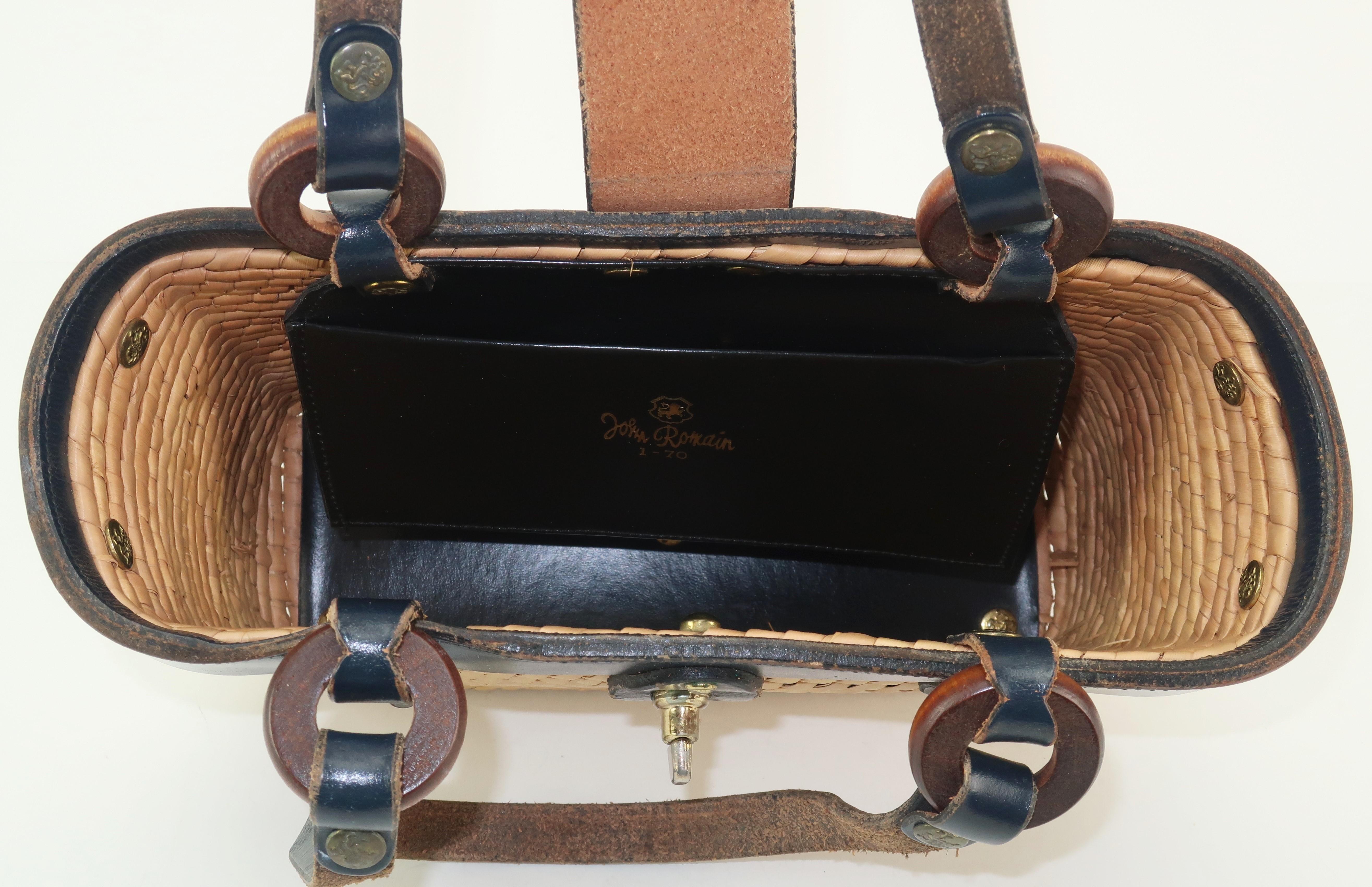 John Romain Navy Blue Leather and Straw Mini Tote Handbag, 1960s 3