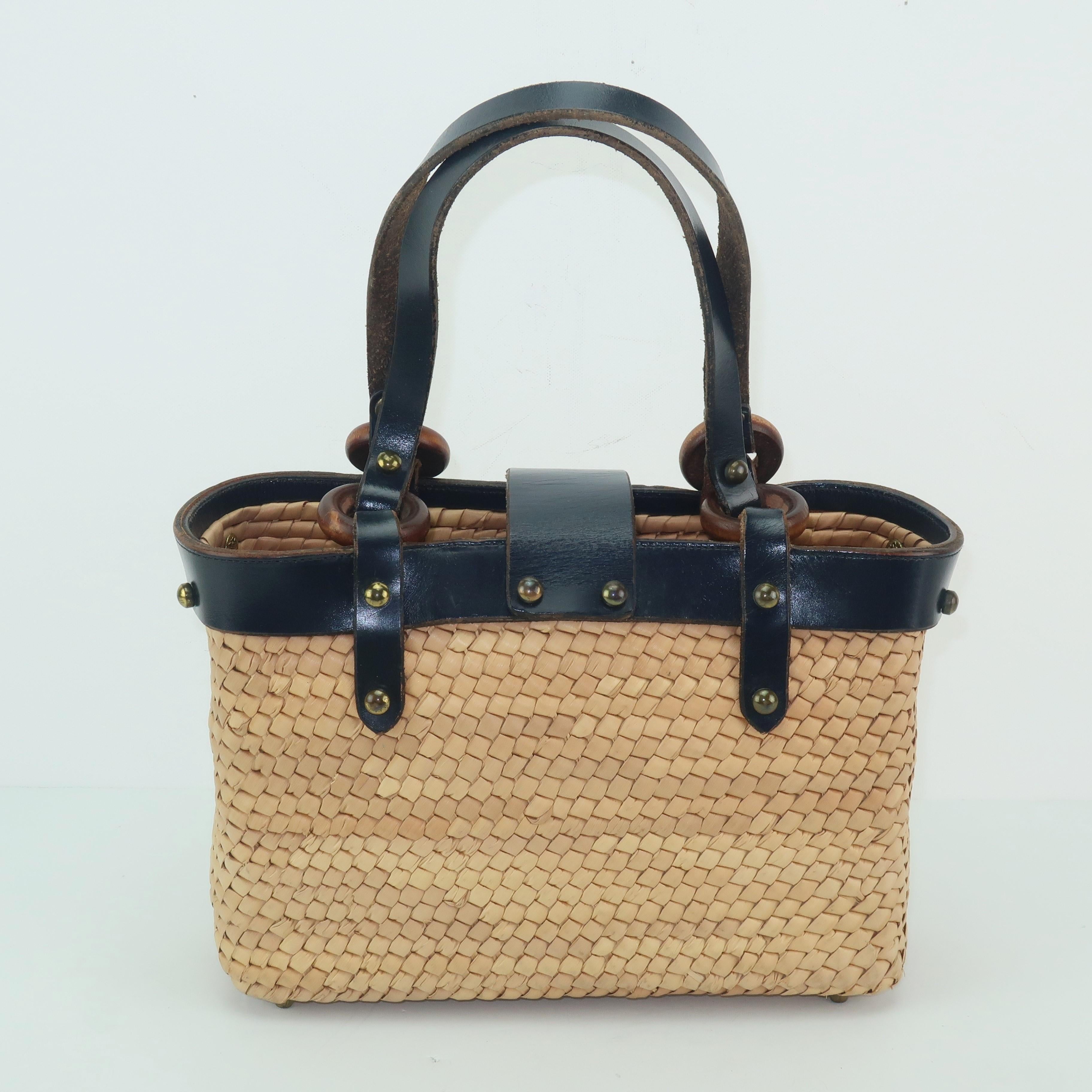 Women's John Romain Navy Blue Leather and Straw Mini Tote Handbag, 1960s