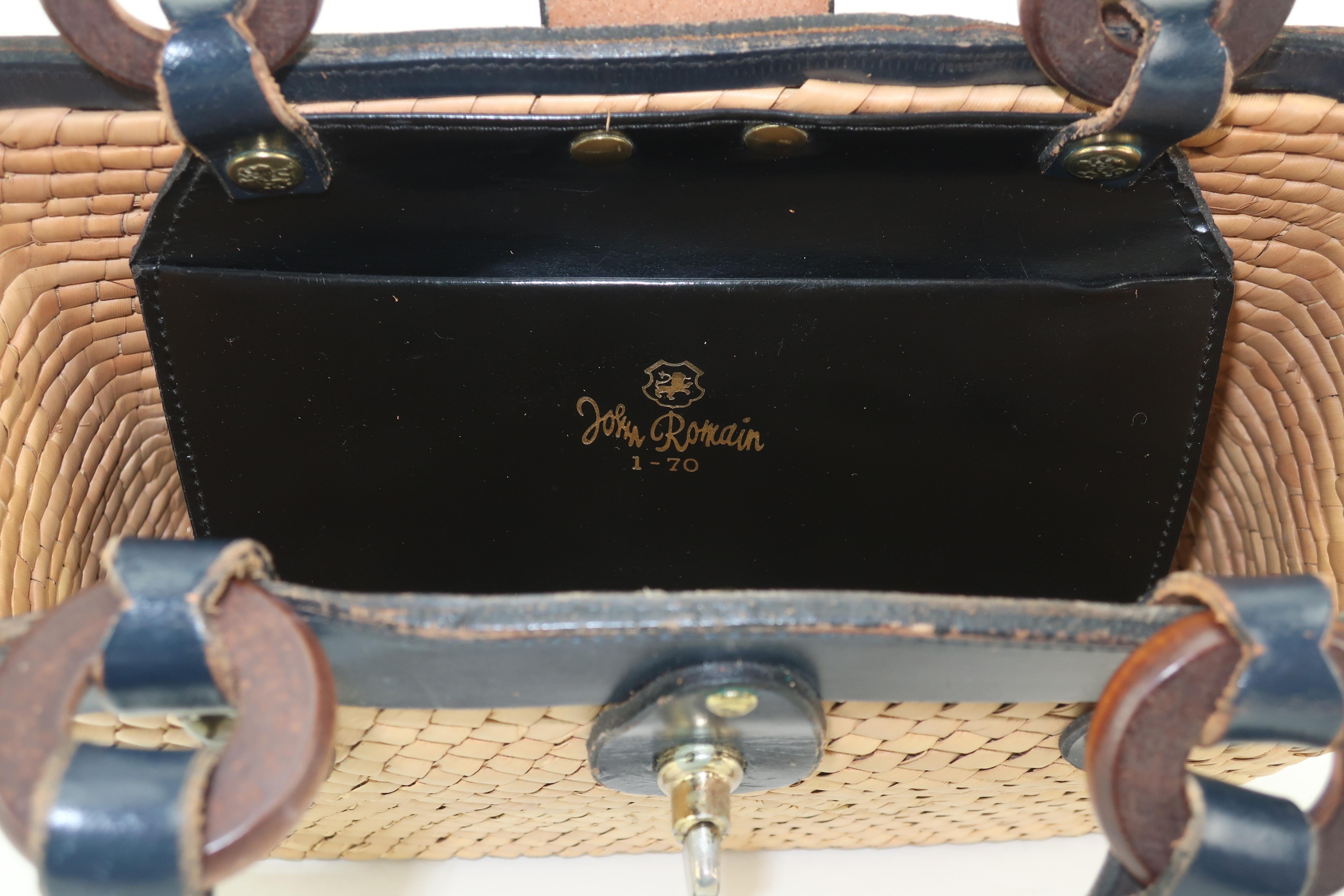 John Romain Navy Blue Leather and Straw Mini Tote Handbag, 1960s 4