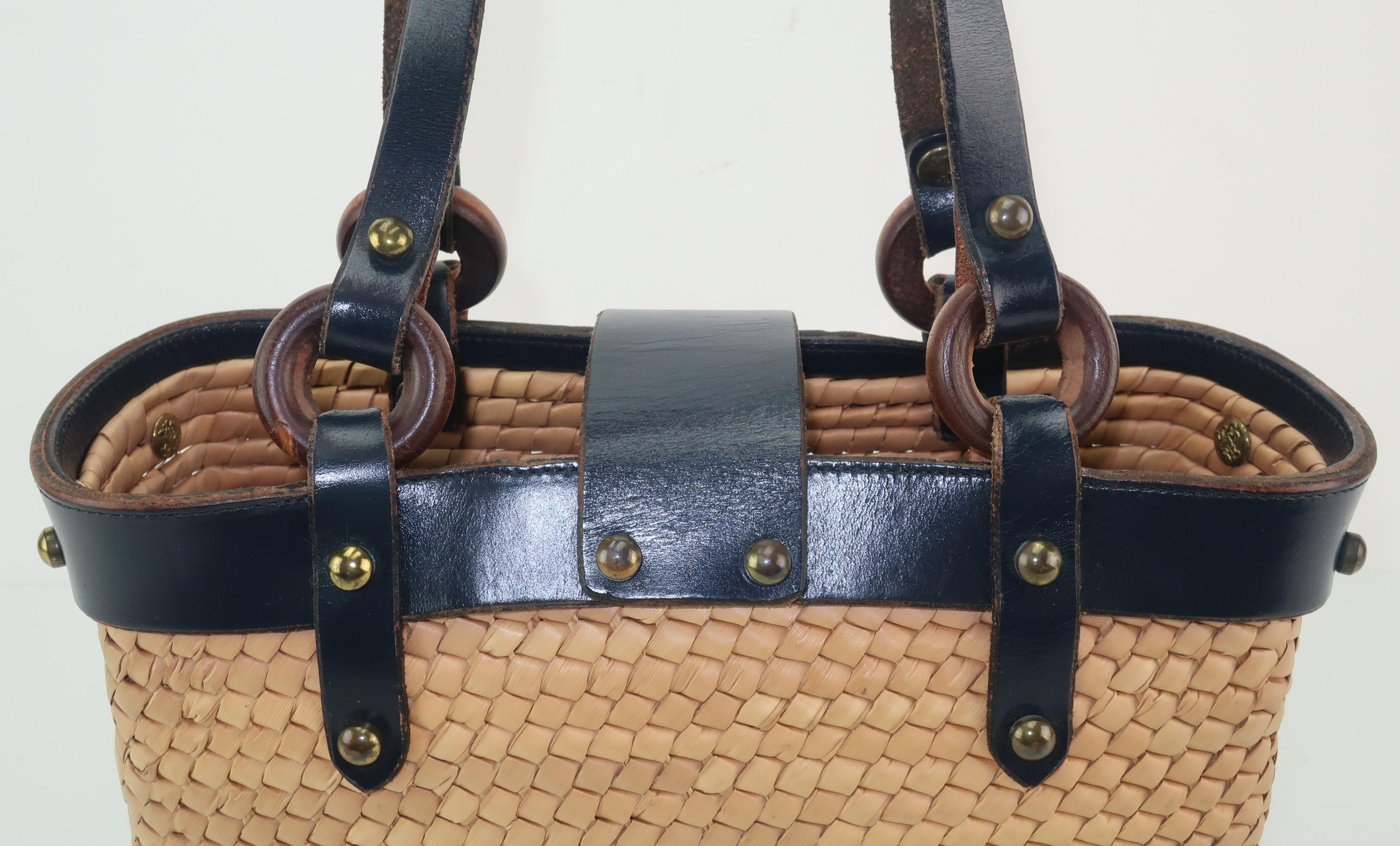 John Romain Navy Blue Leather and Straw Mini Tote Handbag, 1960s 1