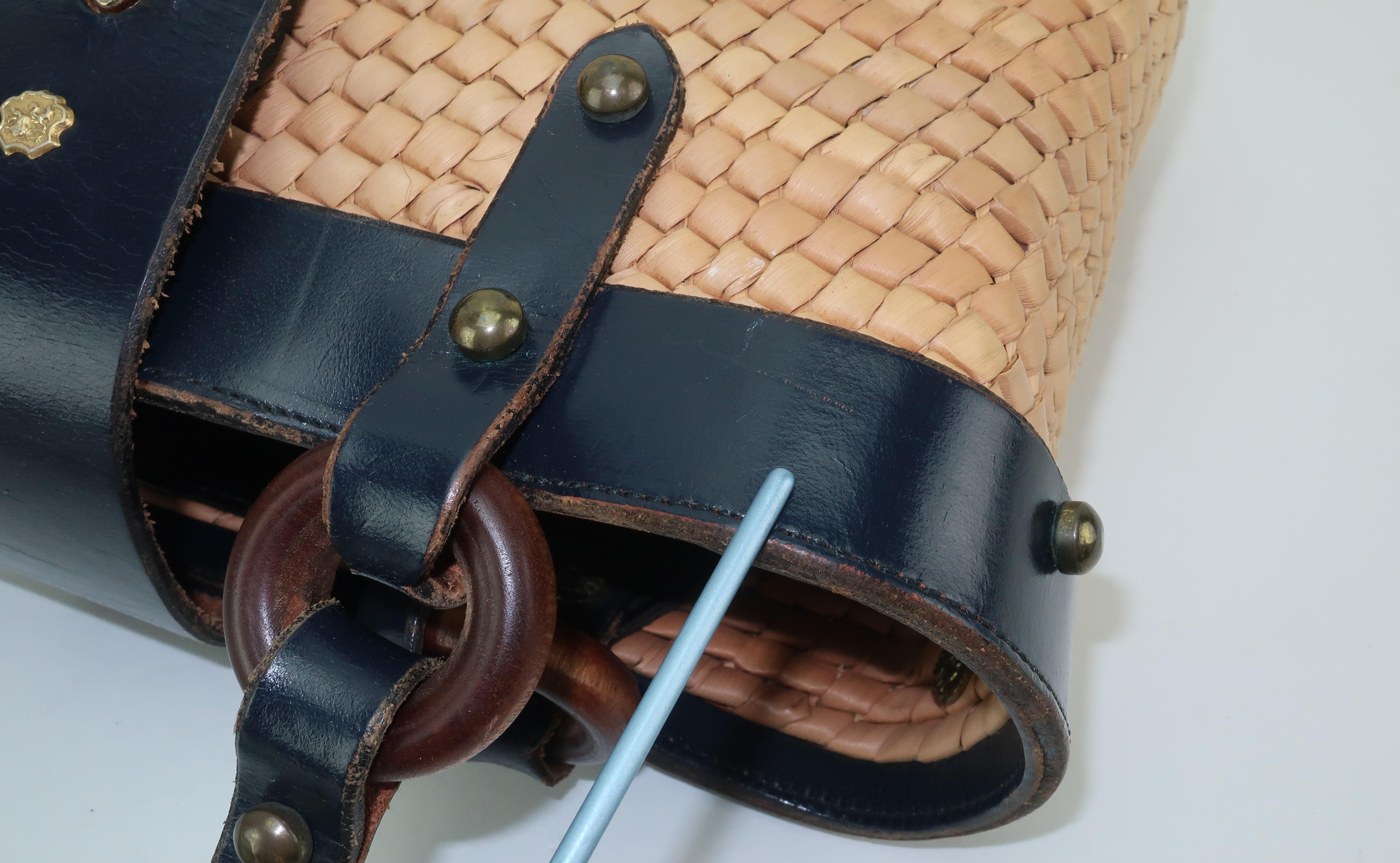 John Romain Navy Blue Leather and Straw Mini Tote Handbag, 1960s 6