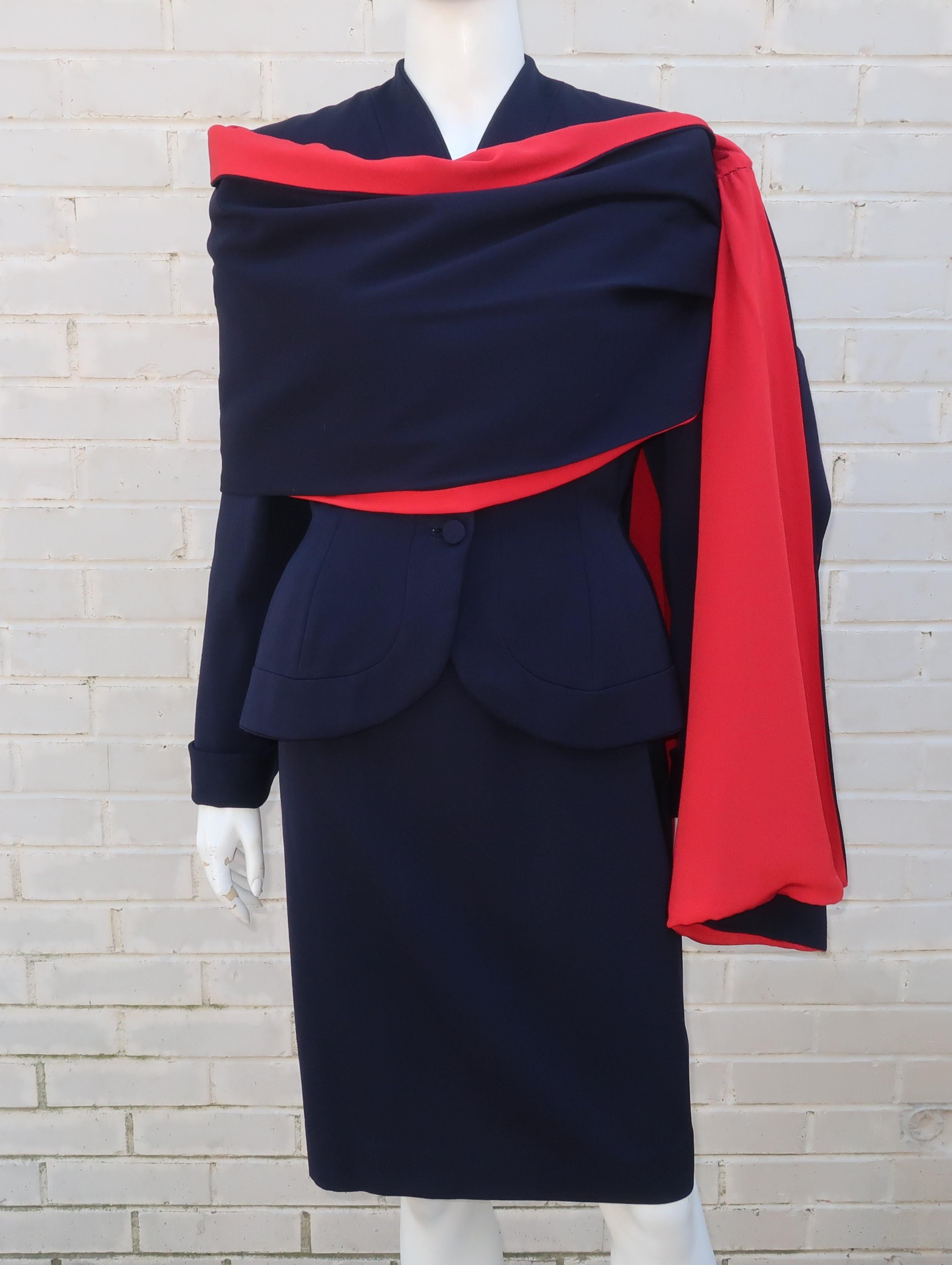 Black Dan Millstein Adaptation of Balenciaga Blue and Red Suit With Drape, 1950s 