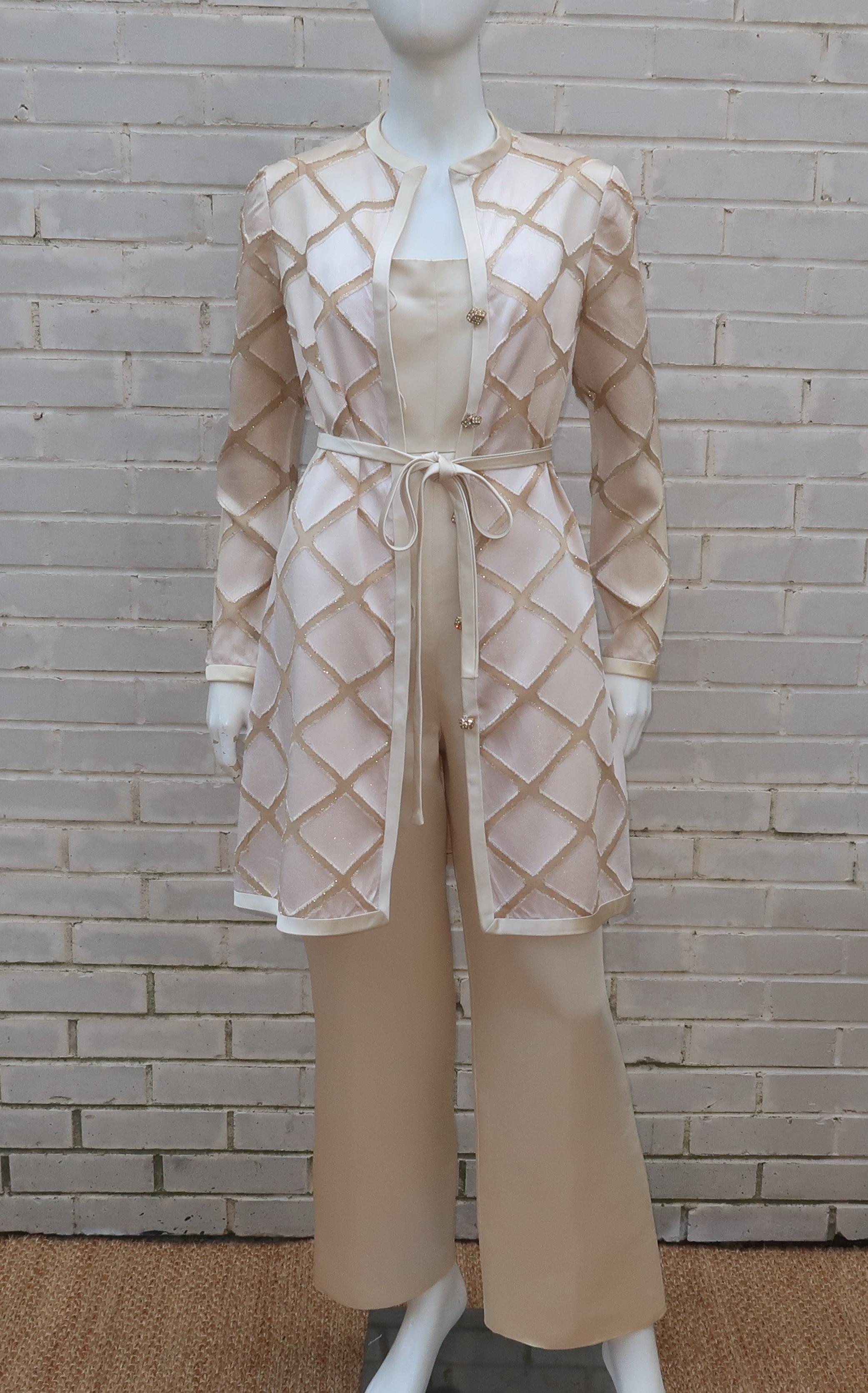 Brown Elinor Simmons for Malcolm Starr Satin Jumpsuit With Jacket, circa 1970