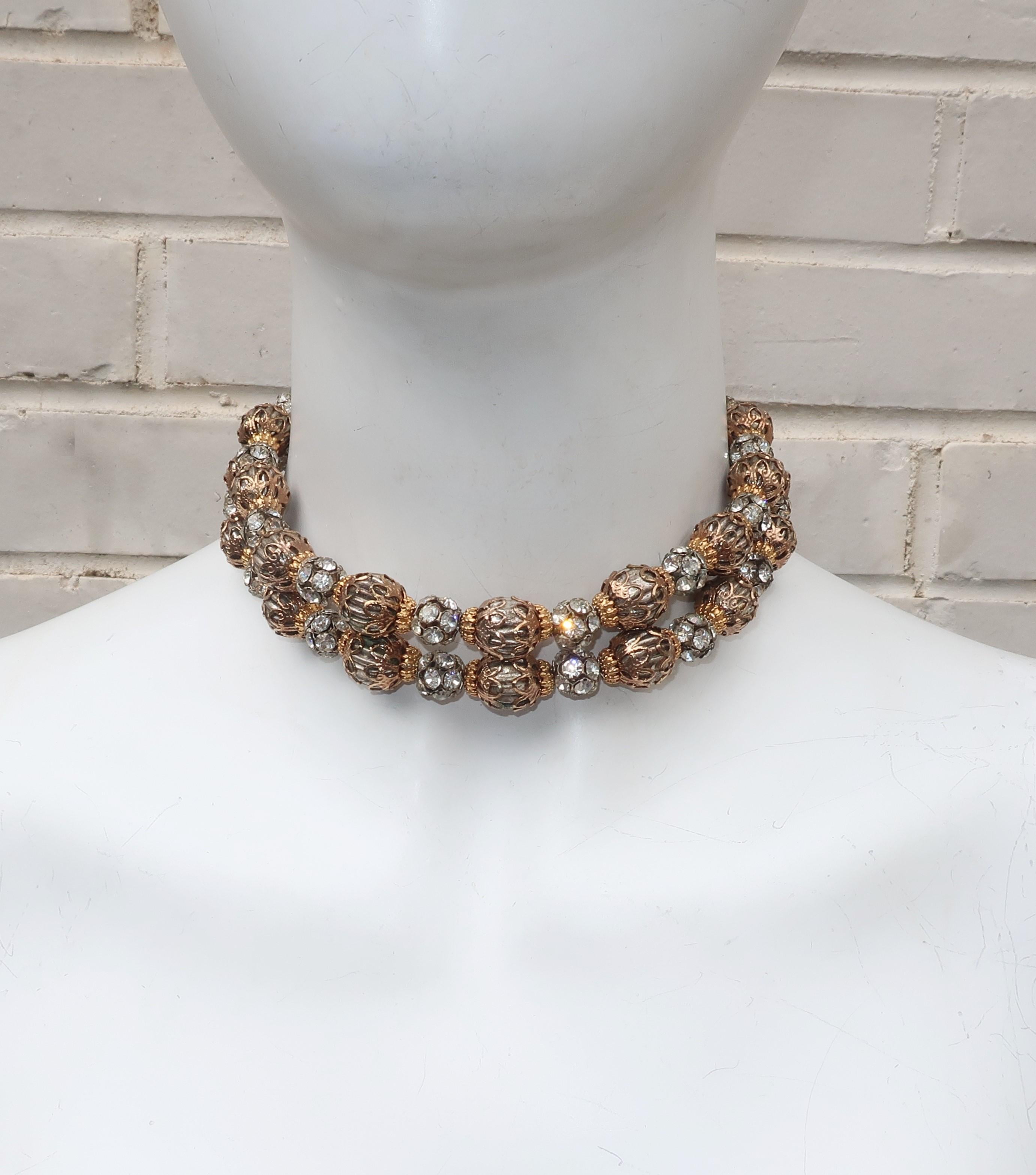 1950’s Multi Strand Rhinestone Fluted Bead Choker Necklace In Good Condition In Atlanta, GA