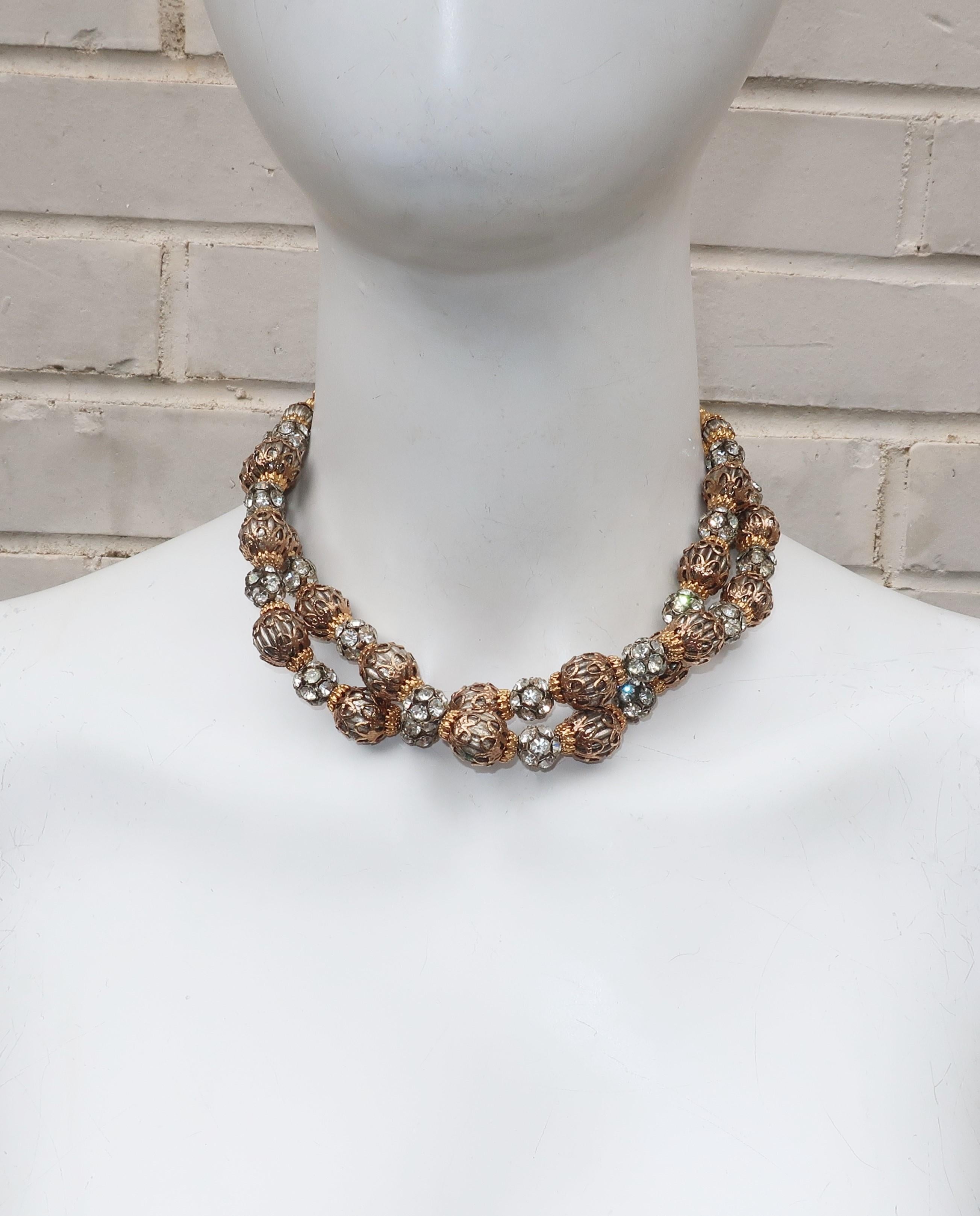 Women's 1950’s Multi Strand Rhinestone Fluted Bead Choker Necklace