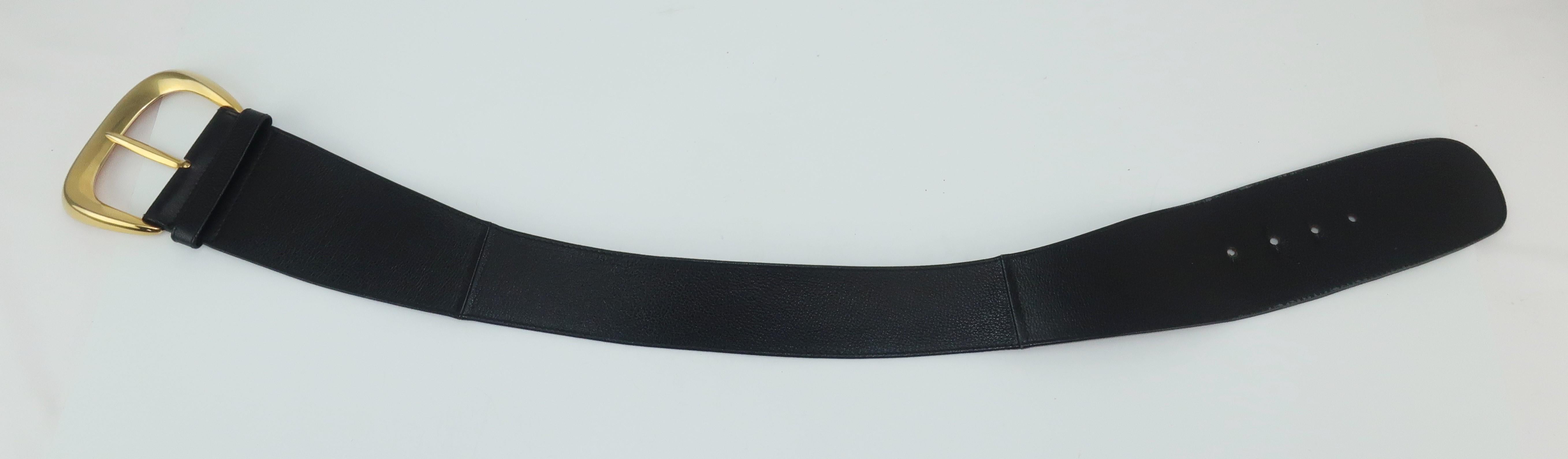 Be a fashionable superhero with this statement making belt designed by Robert Lee Morris for Donna Karan. The collaboration between Karan & Morris was a perfect combination of her fluid silhouettes accessorized with his organically sculptural forms.