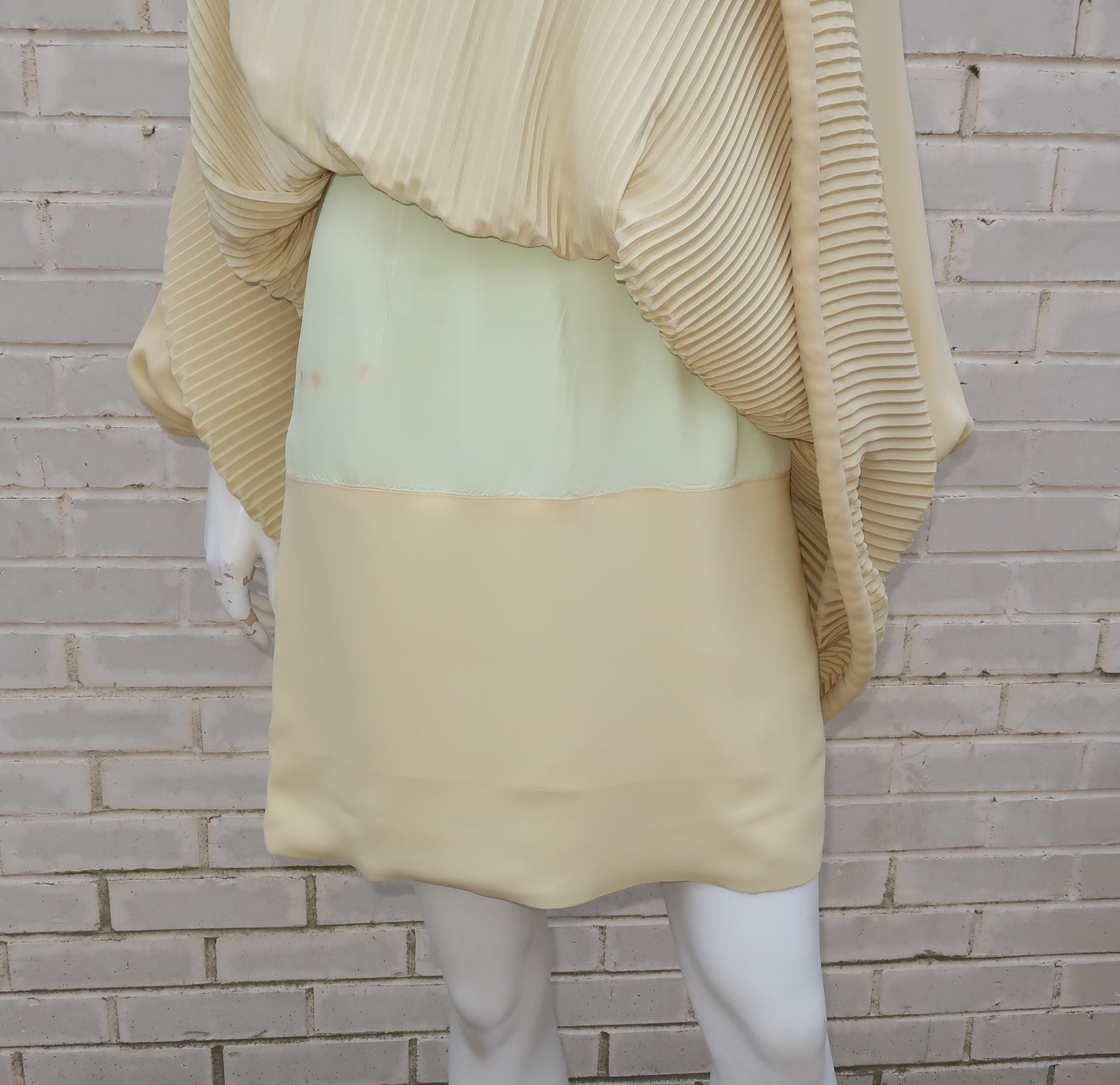 Beige Pierre Cardin Micro Pleated Silk Trapeze Dress, 1960's