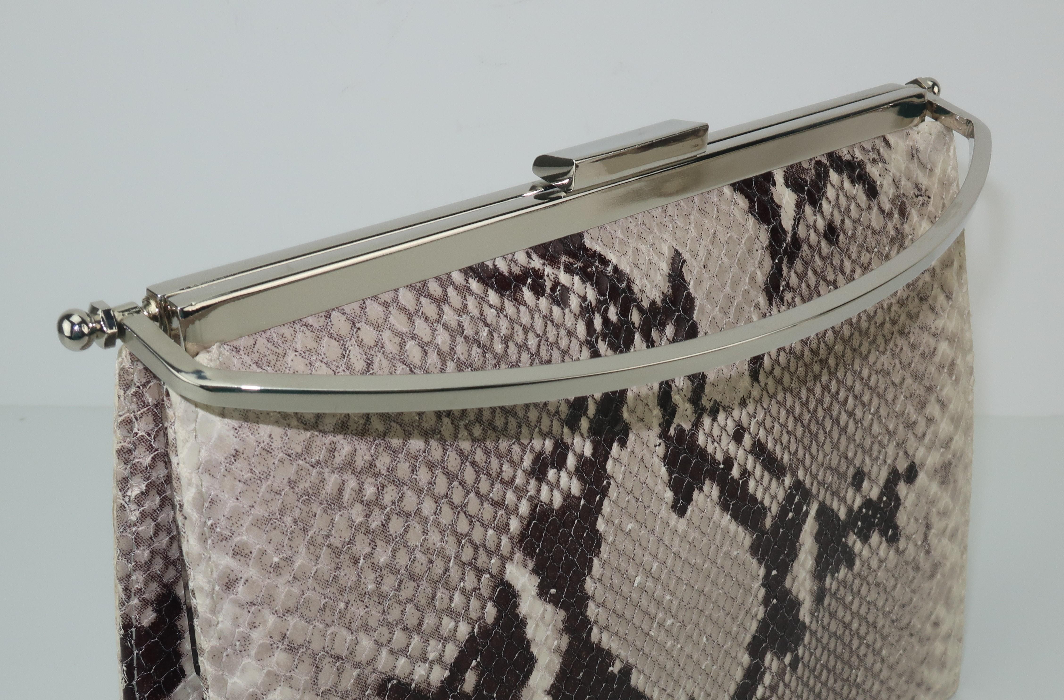 Vintage Neiman Marcus Python Printed Leather Handbag With Silver Handle 1
