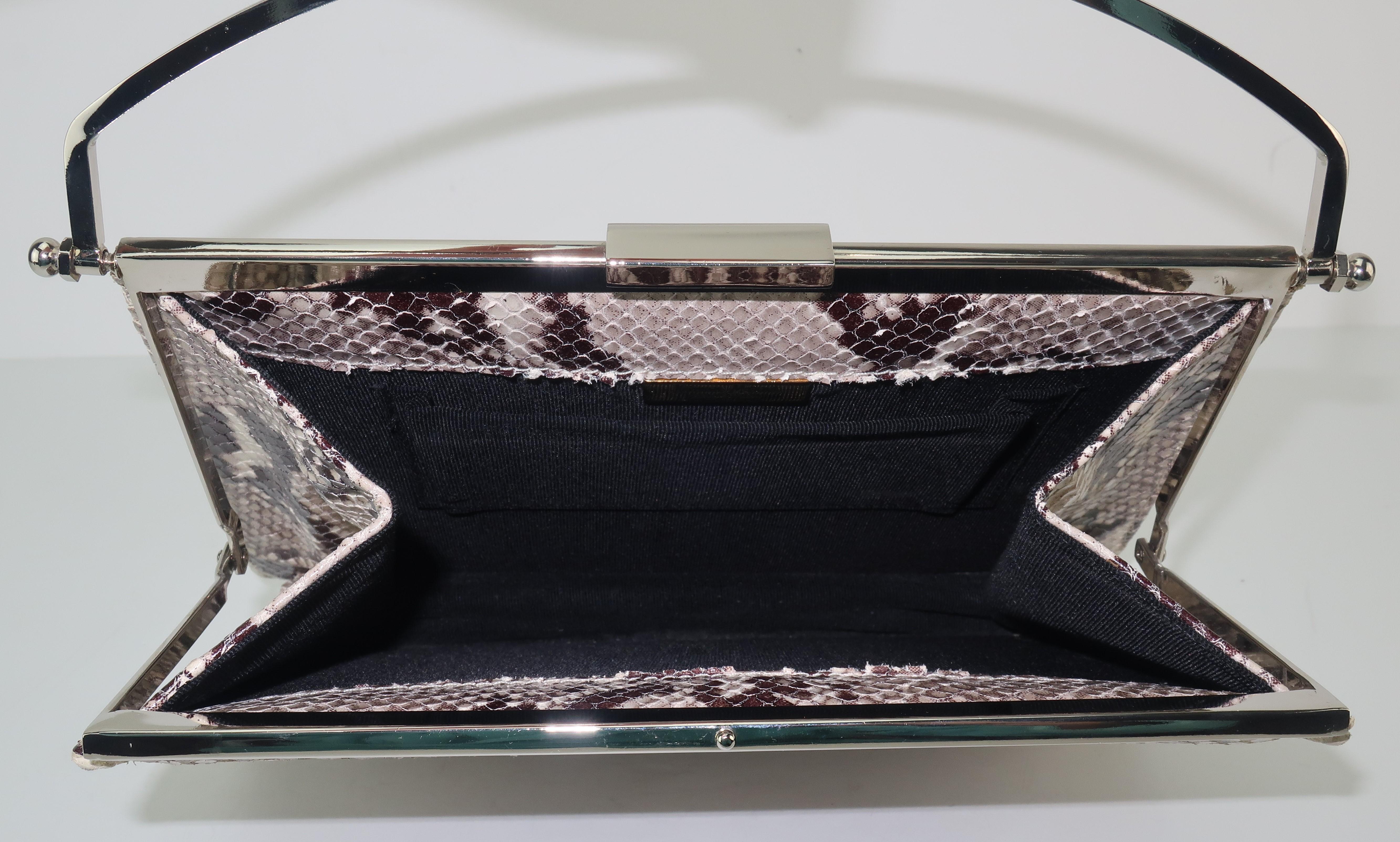 Vintage Neiman Marcus Python Printed Leather Handbag With Silver Handle 2