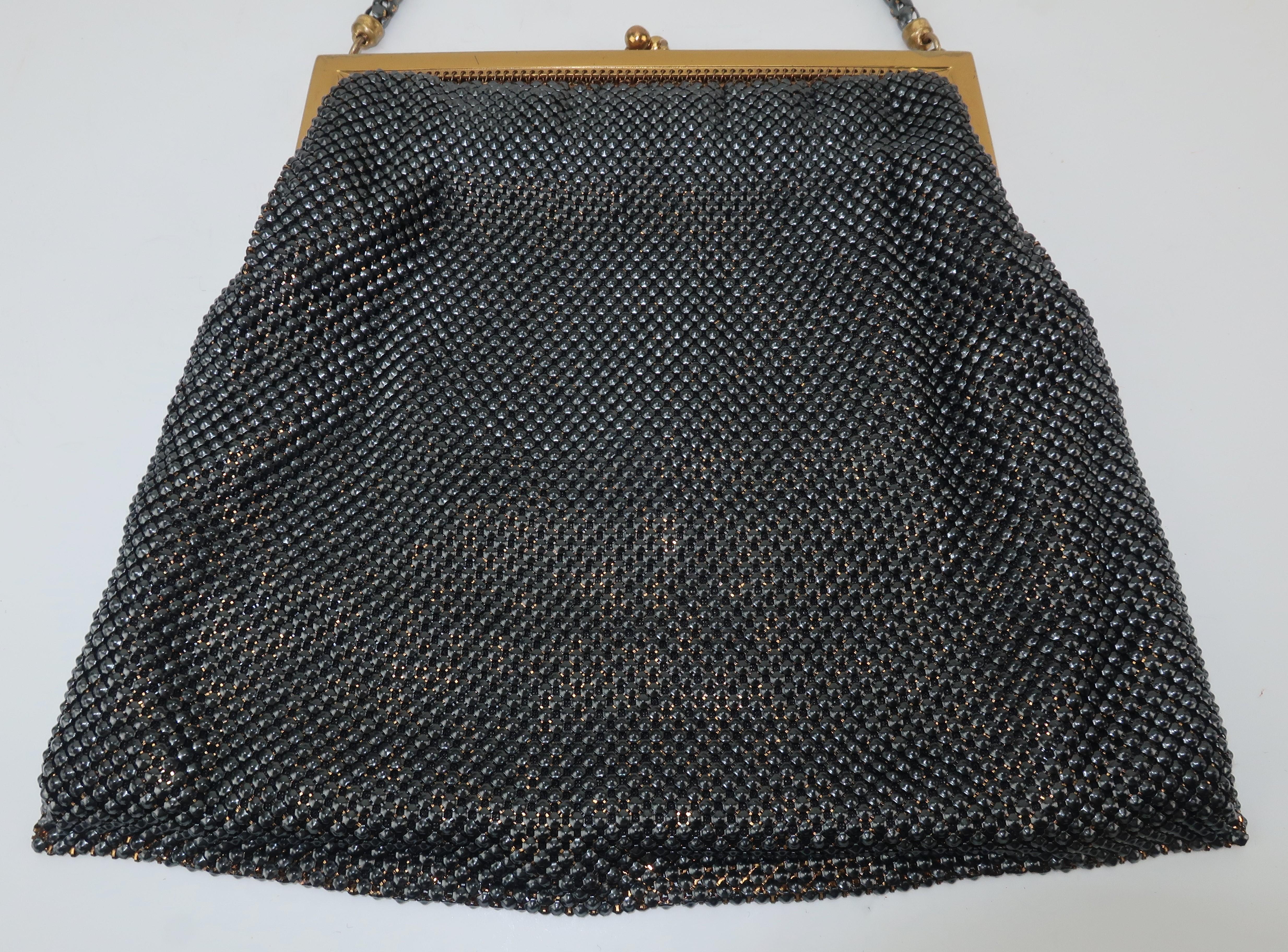 Women's 1950’s Whiting & Davis Gunmetal Black & Gold Mesh Evening Handbag