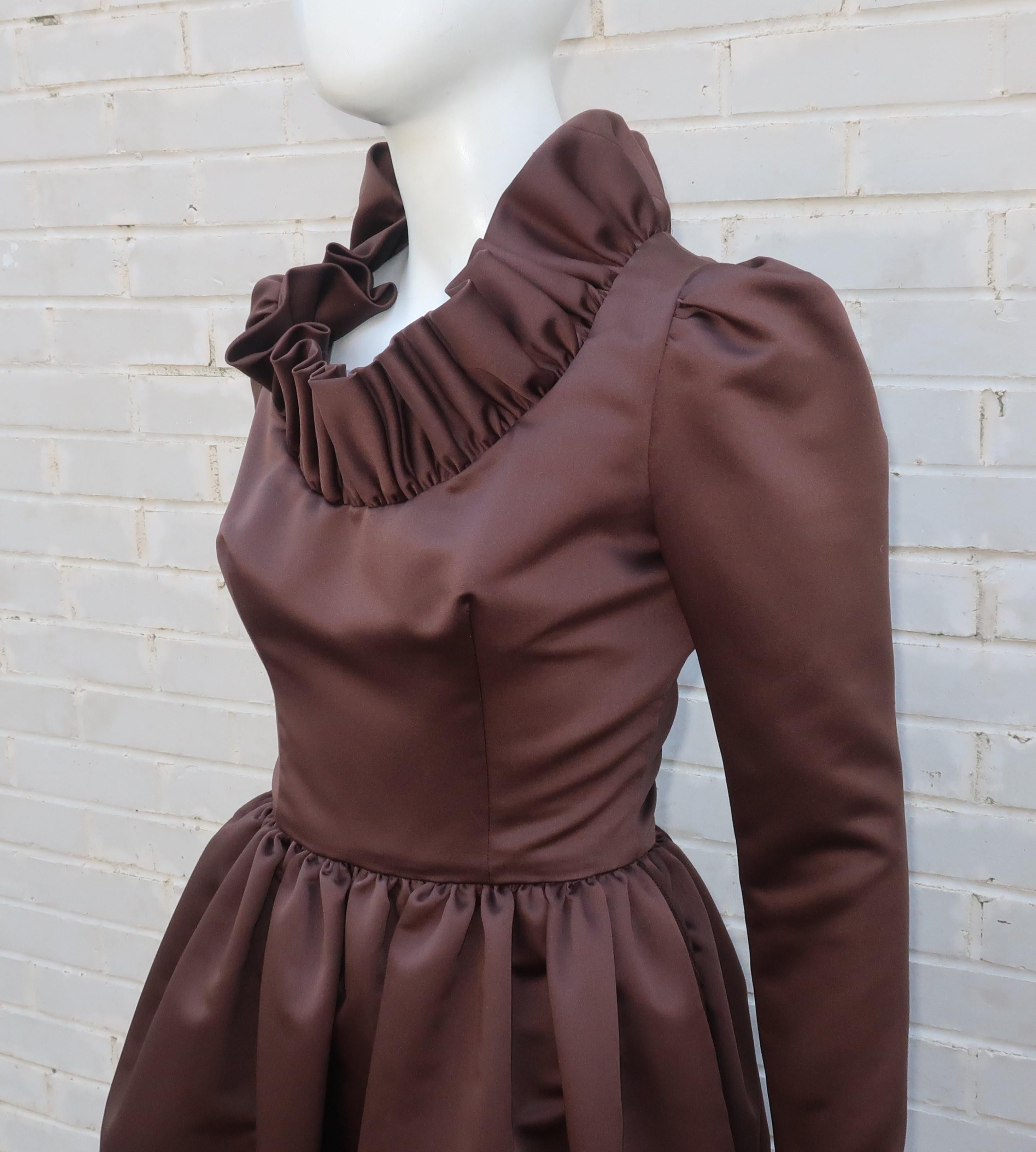 Jill Richards Brown Satin Ruffled Cocktail Dress, 1970's For Sale 1