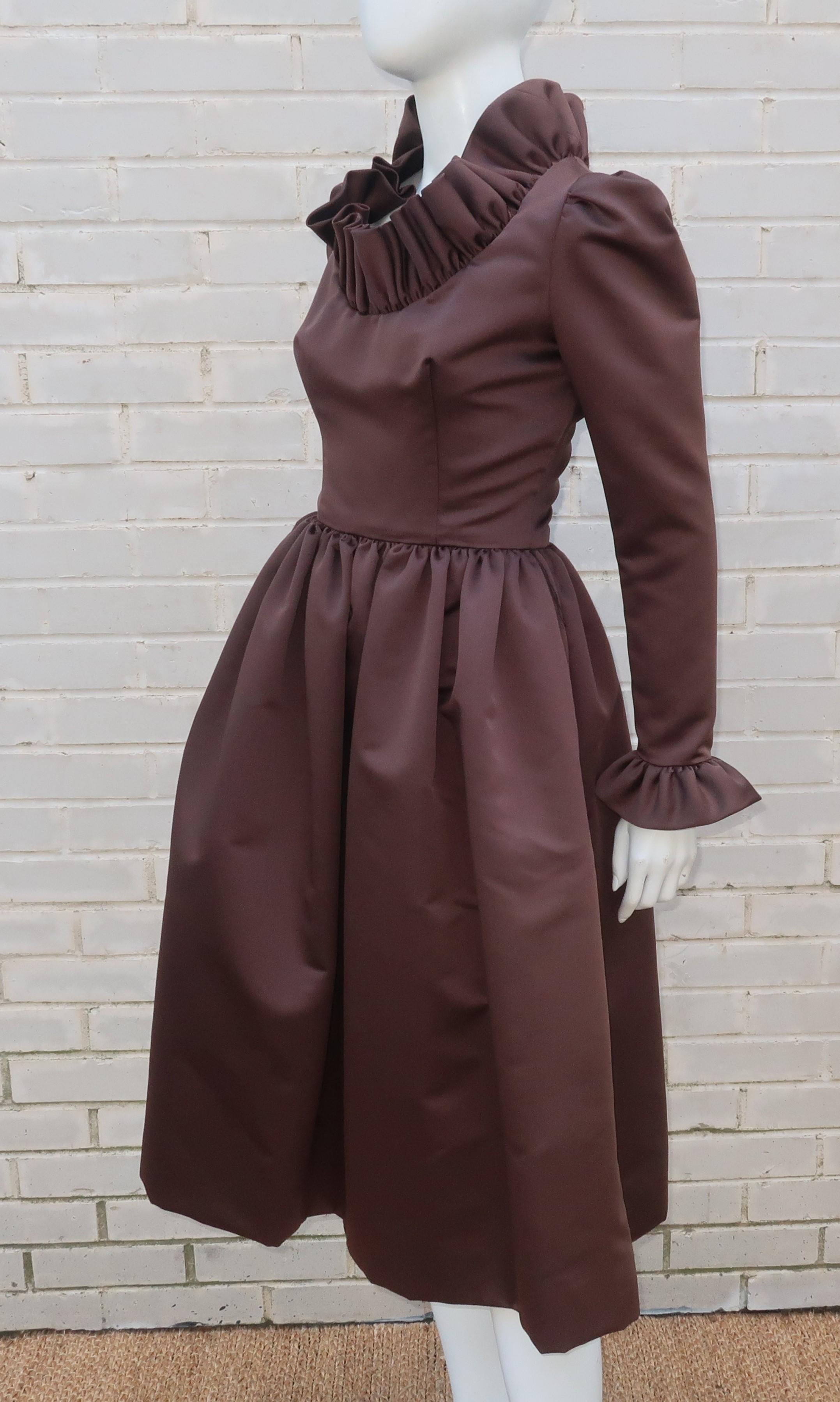 Jill Richards Brown Satin Ruffled Cocktail Dress, 1970's For Sale 2